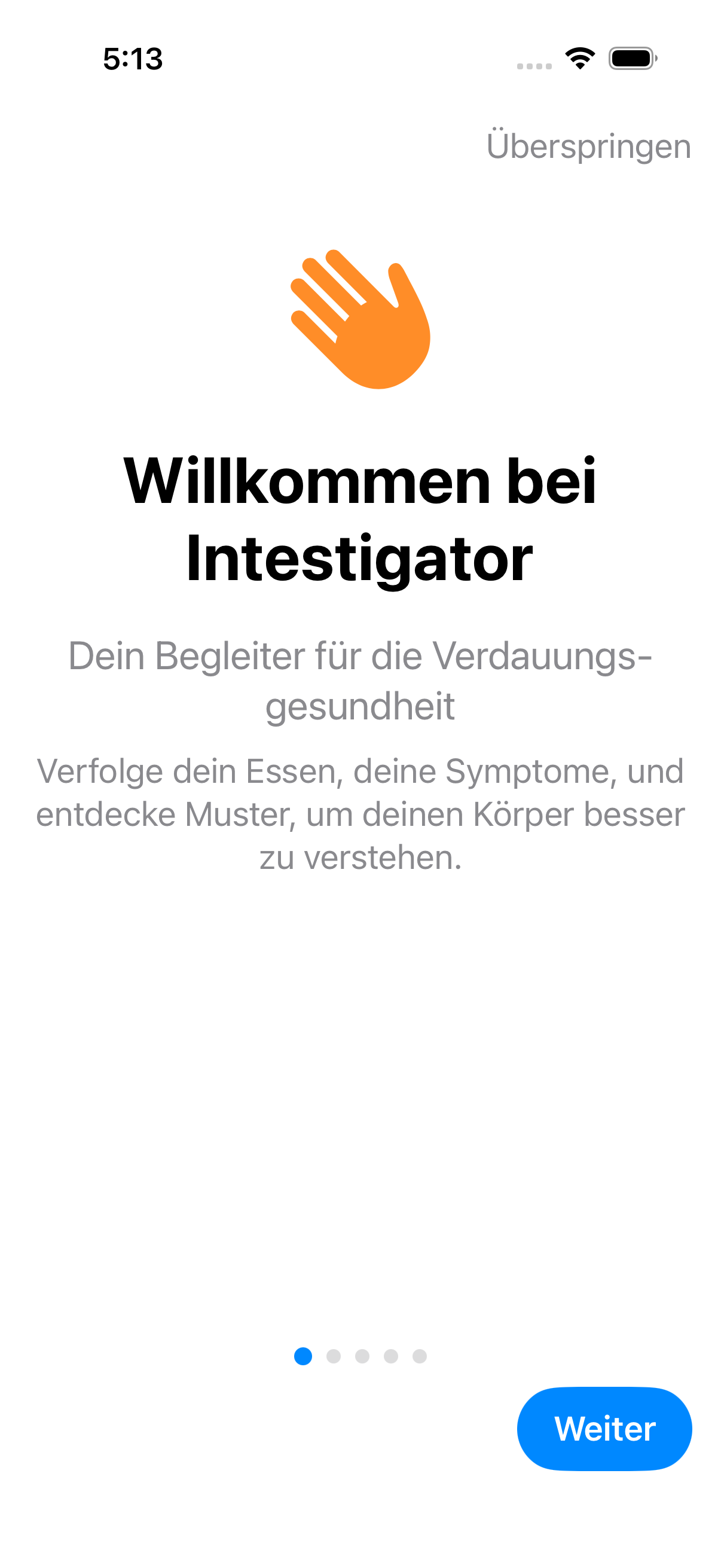 Willkommensbildschirm zeigt Intestigators Einführung