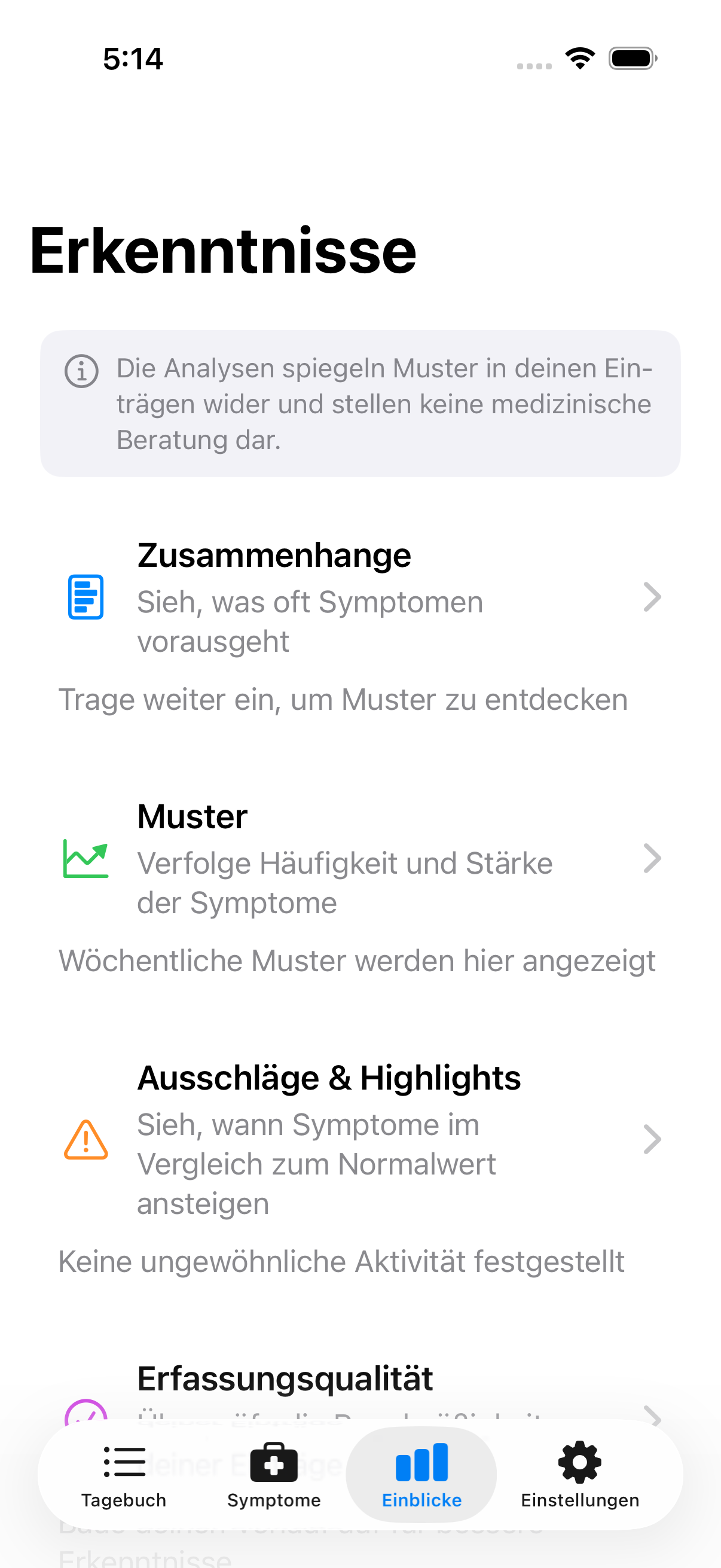 Erkenntnisse-Tab zeigt Navigationskarten