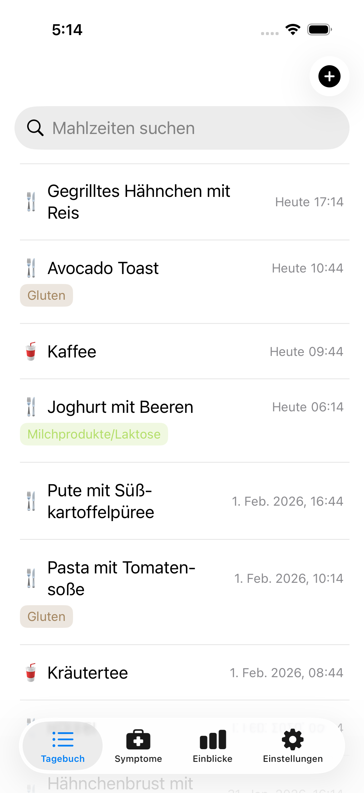 Essensprotokoll zeigt mehrere Einträge