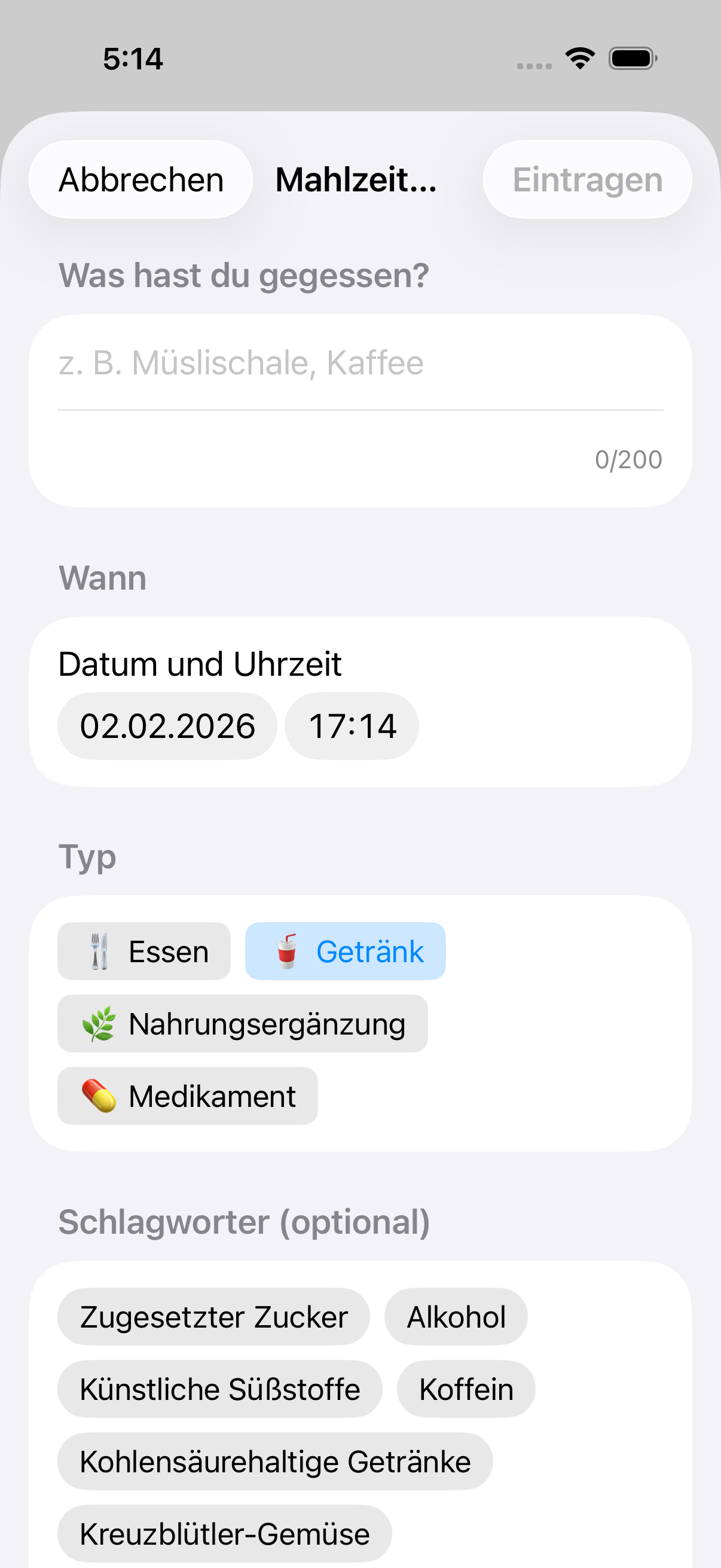 Formular mit ausgewähltem Getränke-Typ