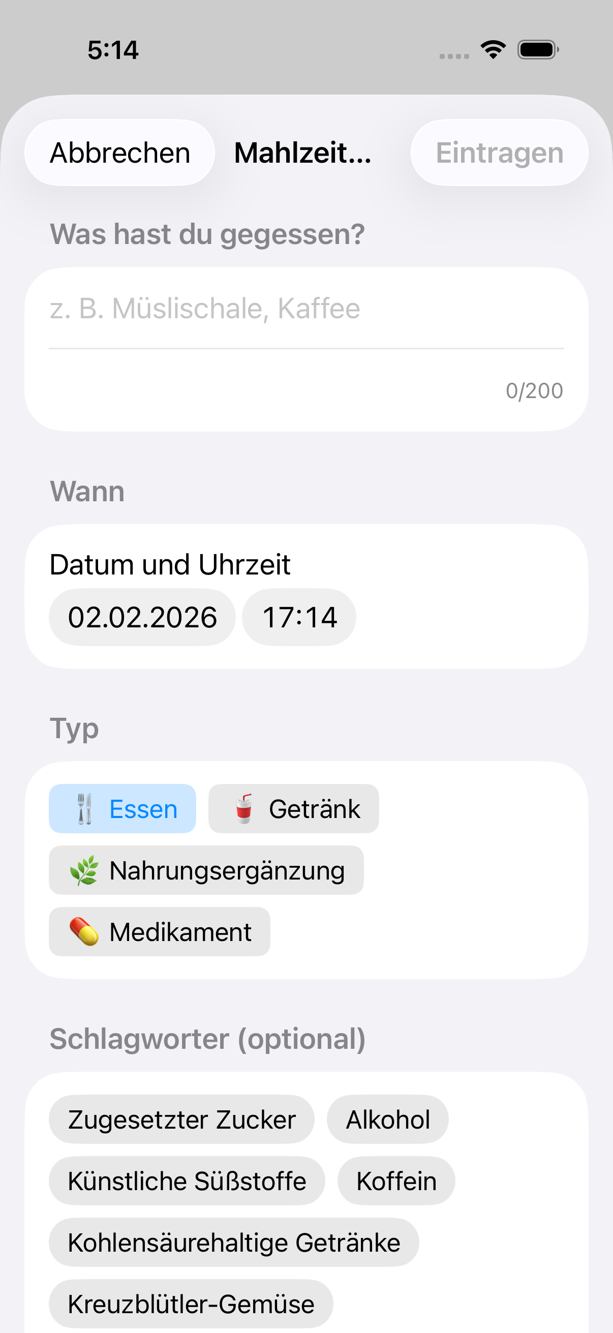 Mahlzeiten-Eingabeformular zeigt Beschreibungsfeld und Typauswahl