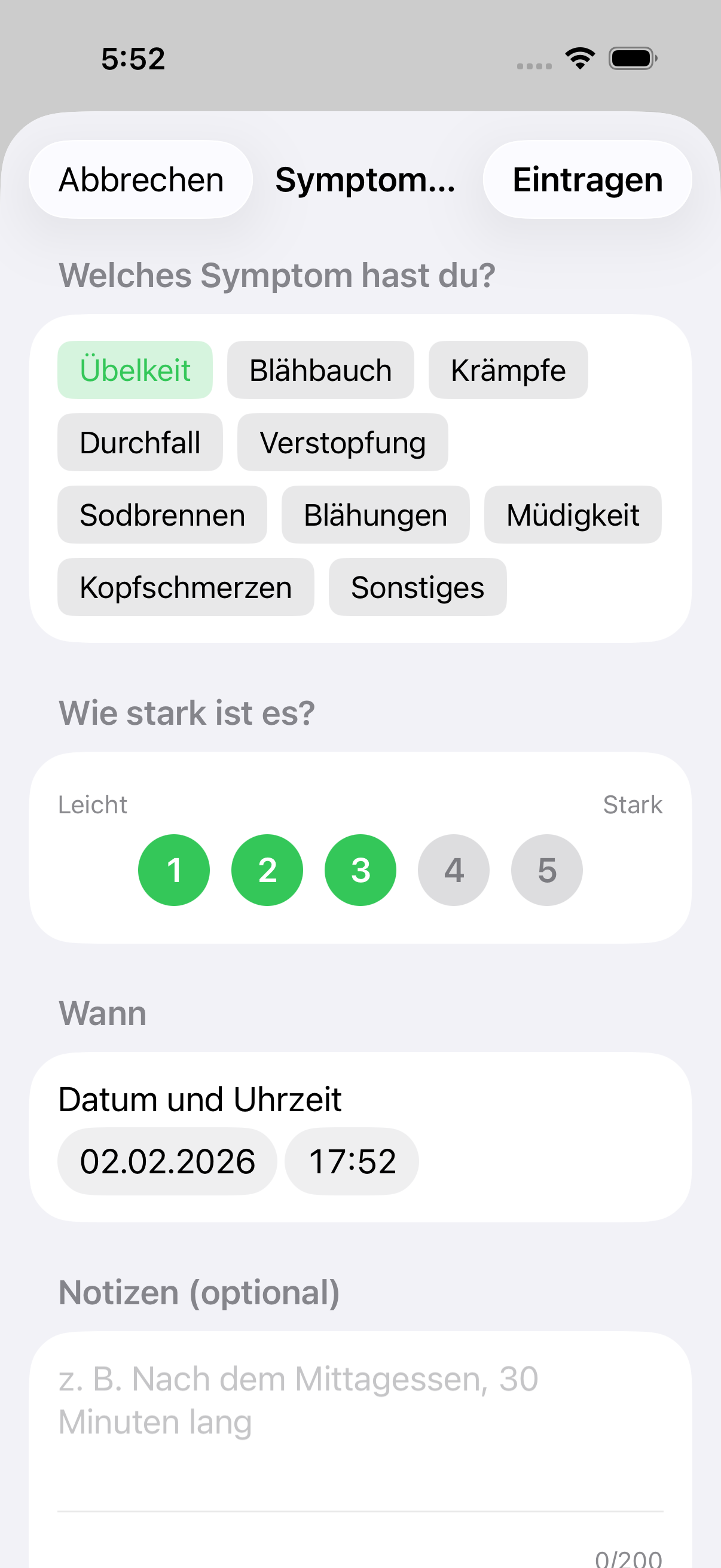Leeres Symptom-Eingabeformular