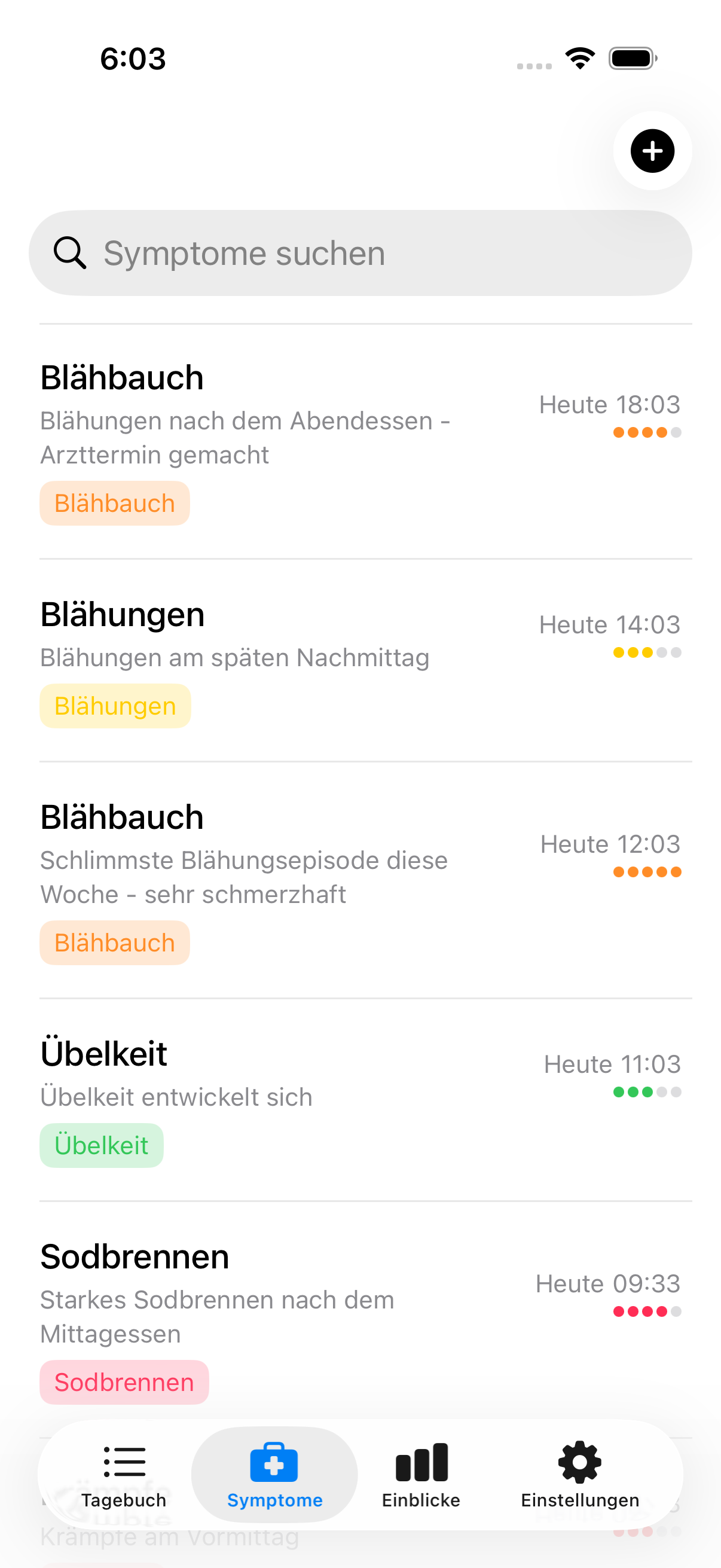 Symptomprotokoll zeigt mehrere Einträge