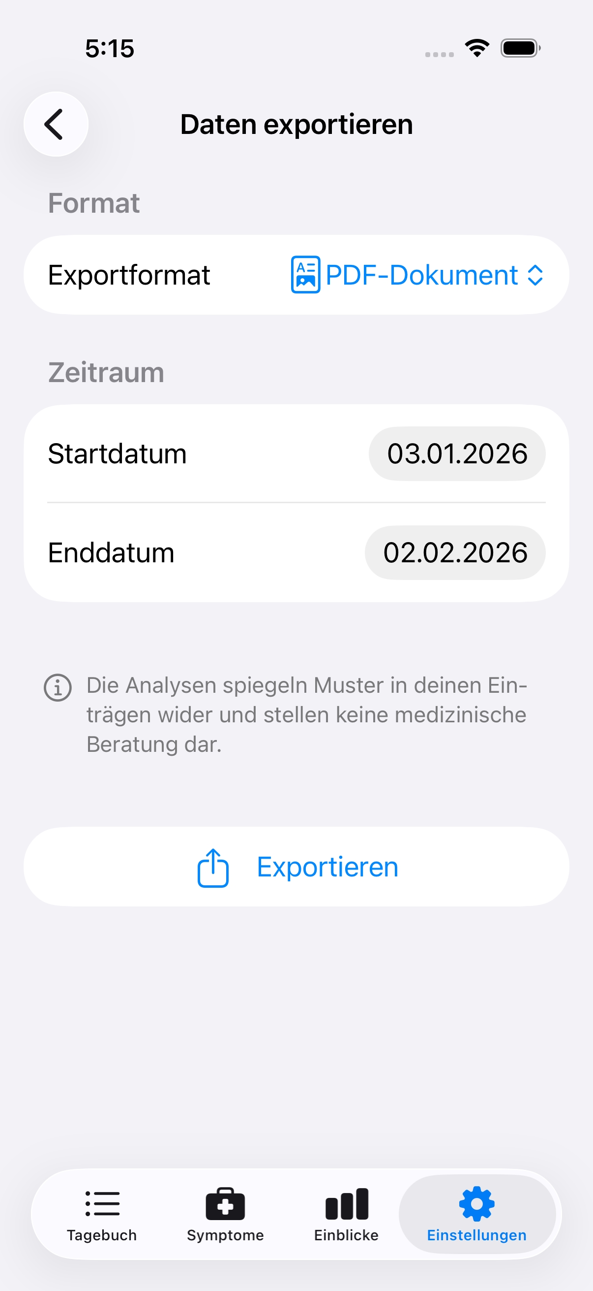 Export-Bildschirm zeigt Optionen