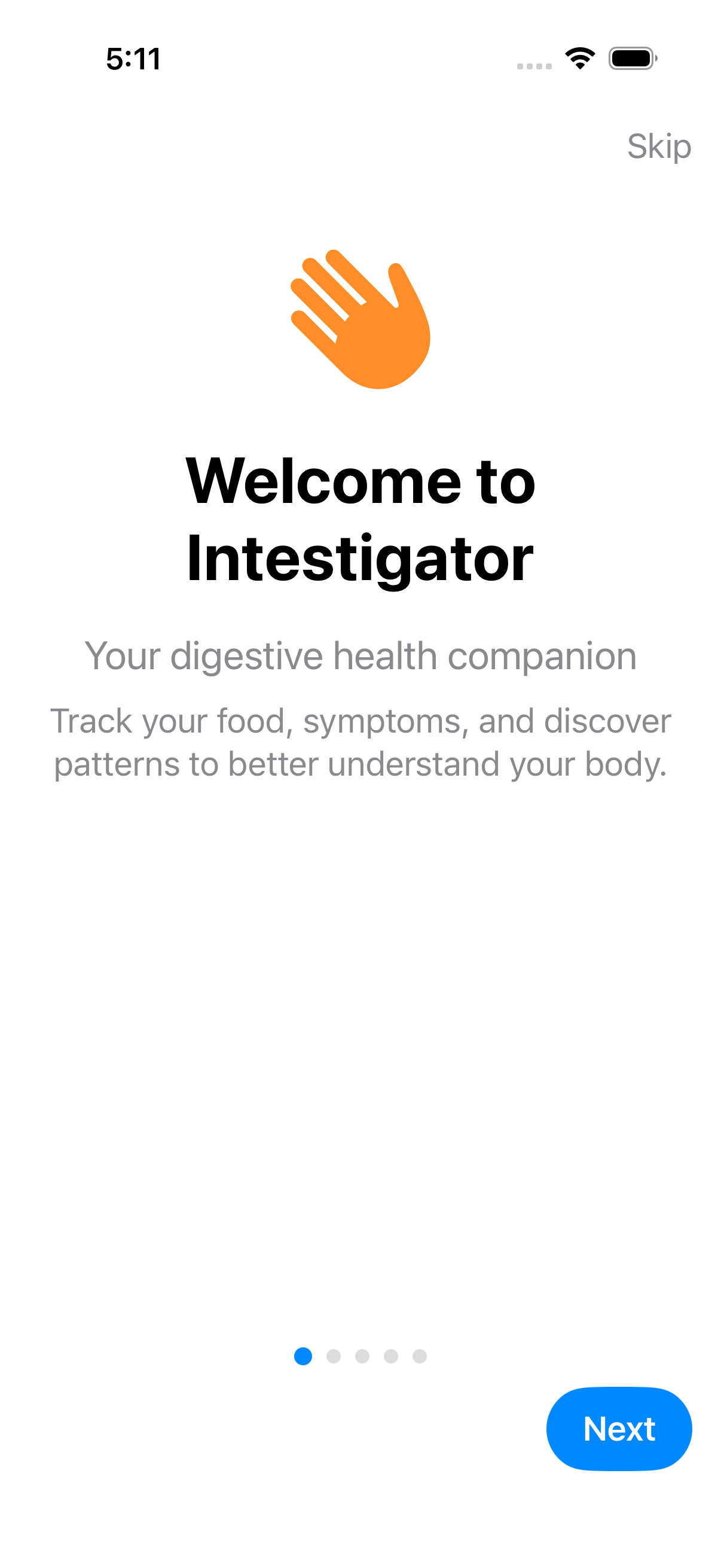 Welcome screen showing Intestigator's introduction