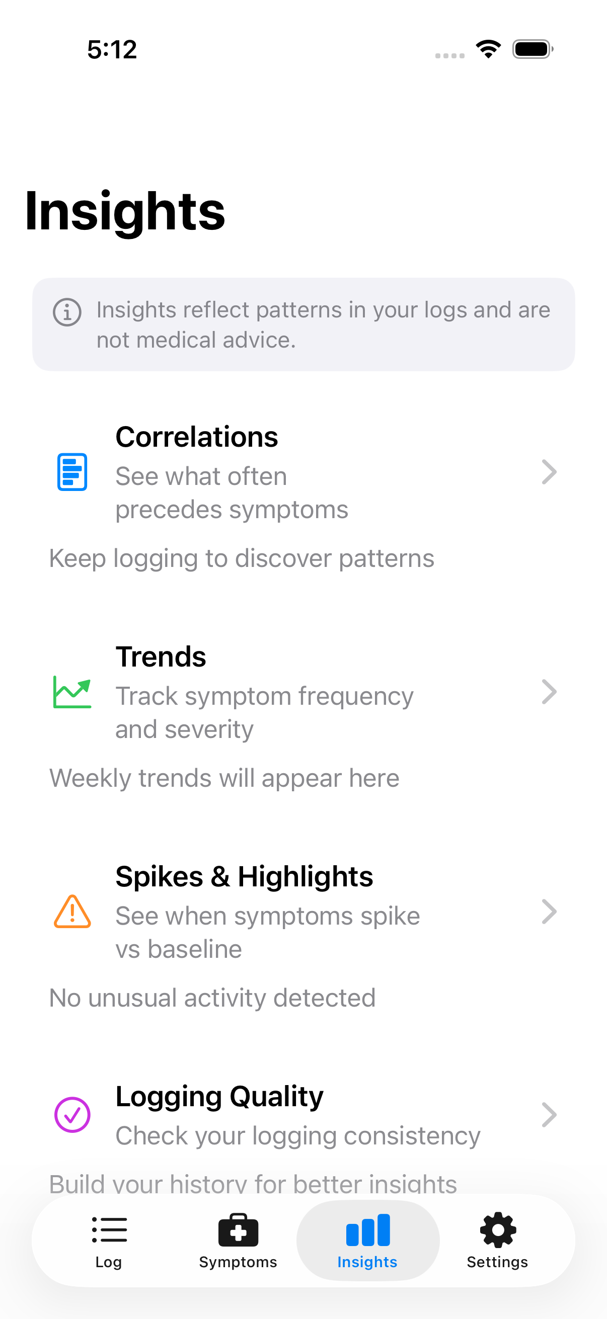 Insights tab showing navigation cards