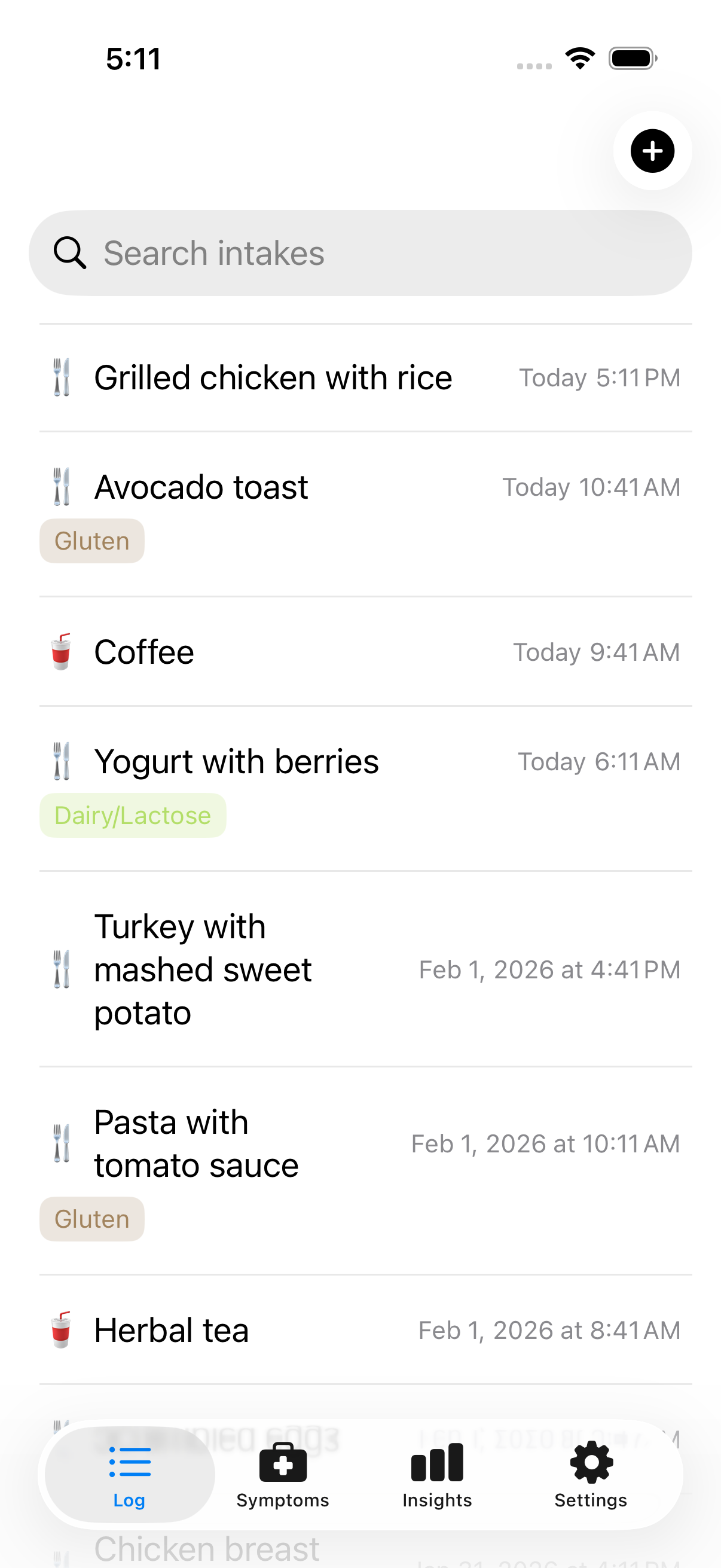 Food log showing multiple entries
