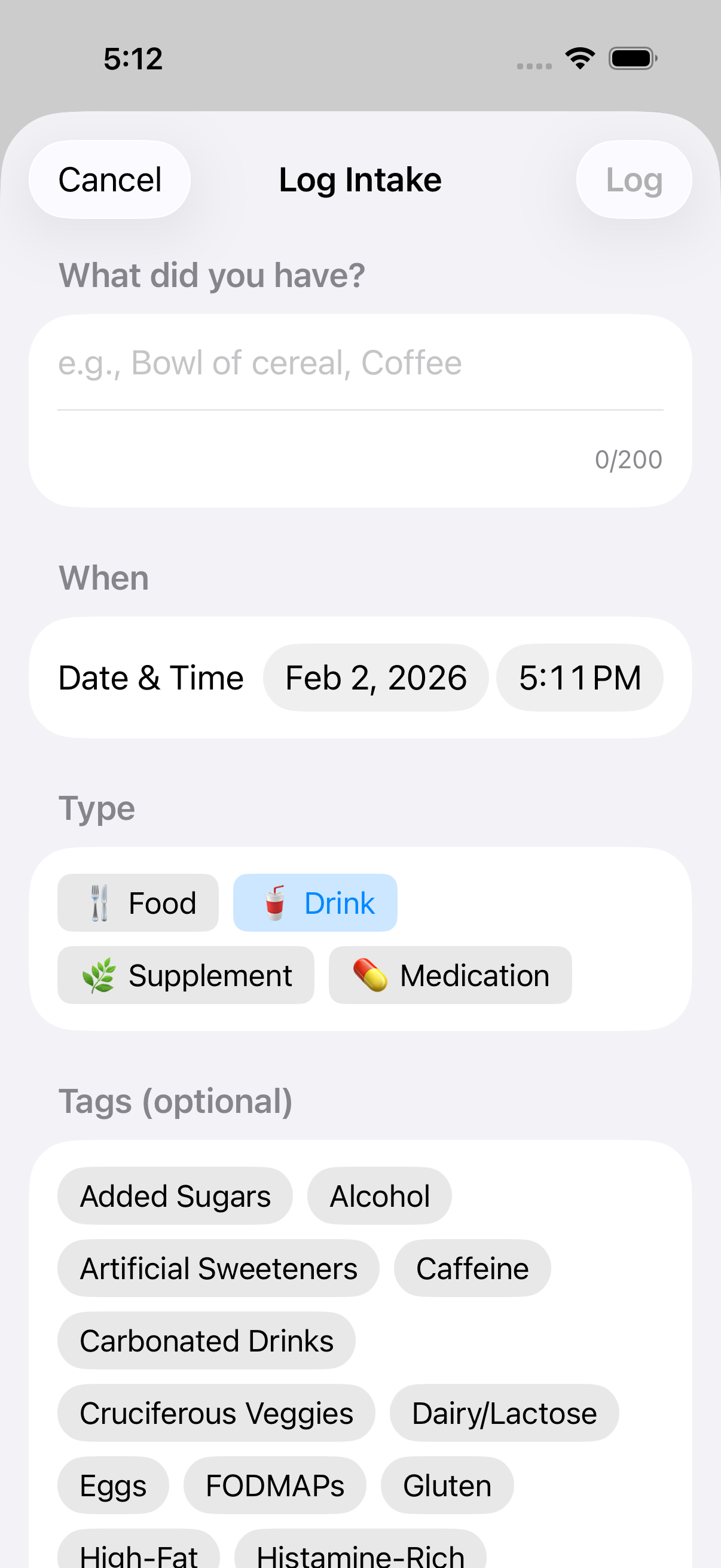 Form with Drink type selected