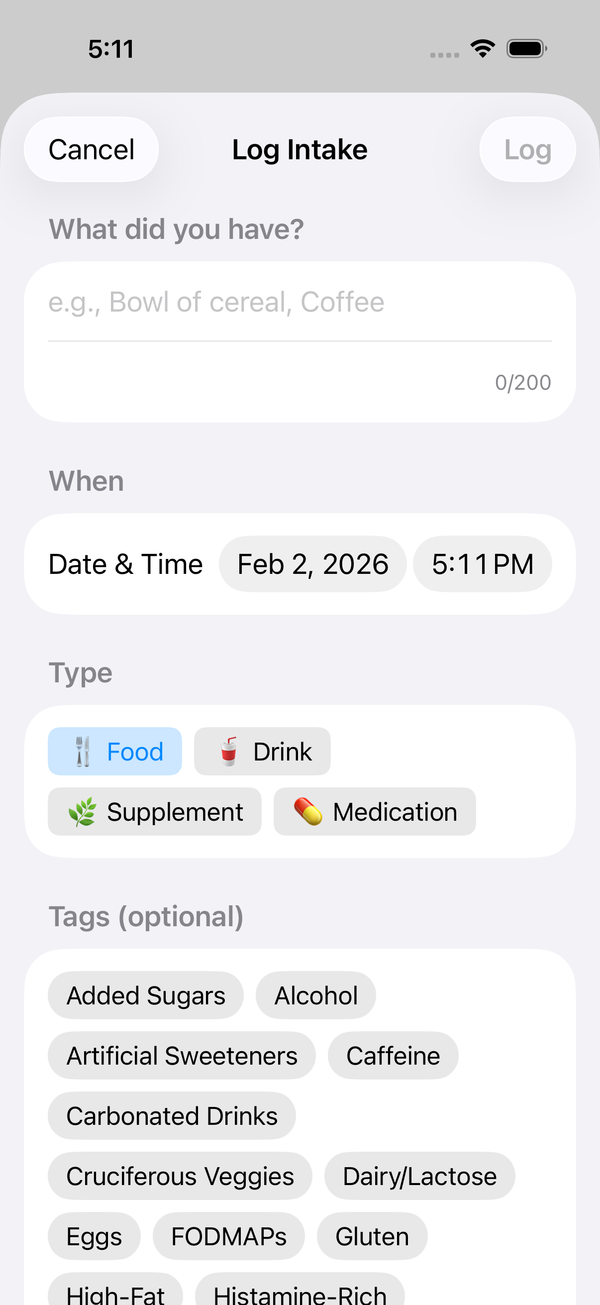Meal entry form showing description field and type selector