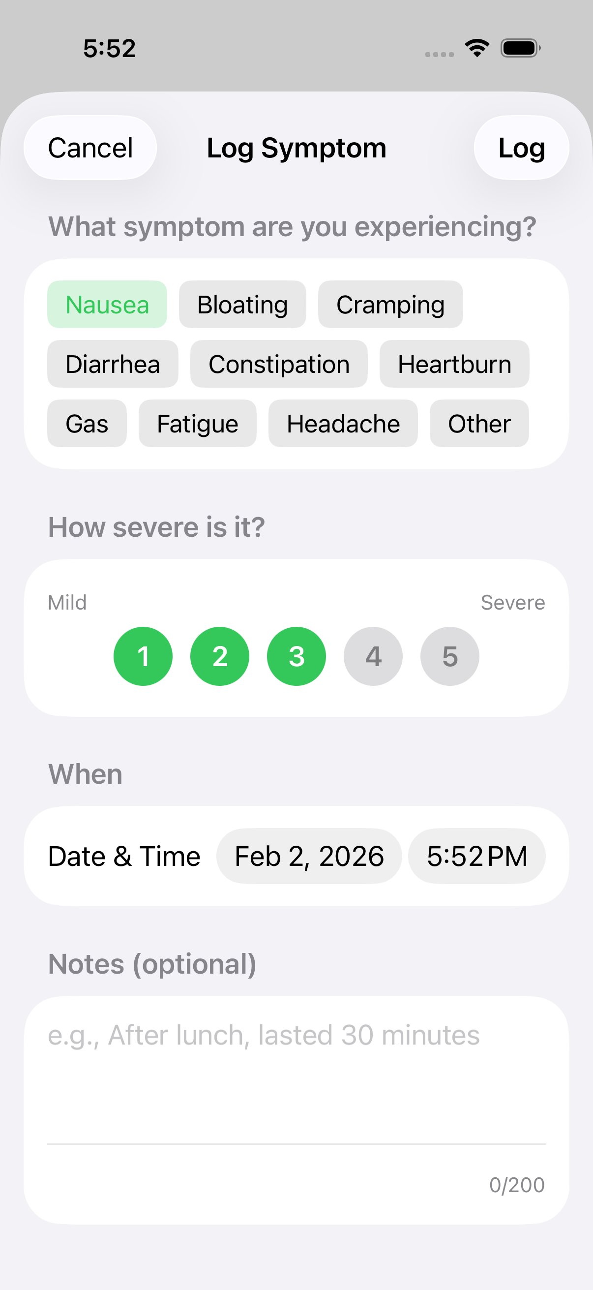 Empty symptom entry form