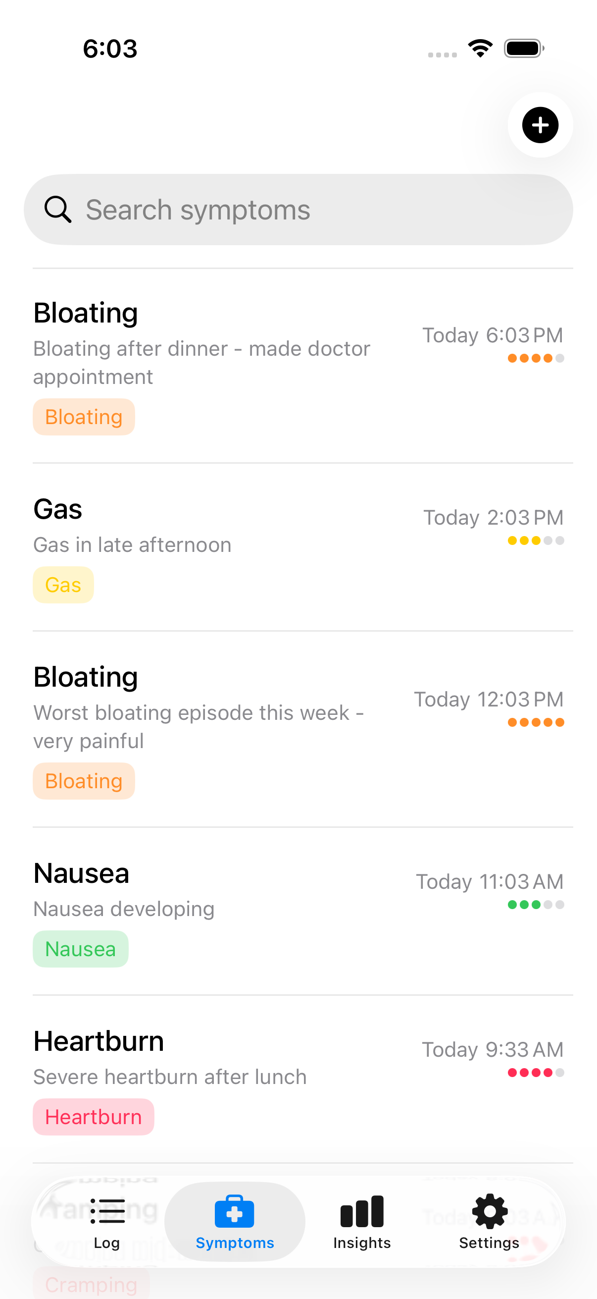 Symptoms log showing multiple entries