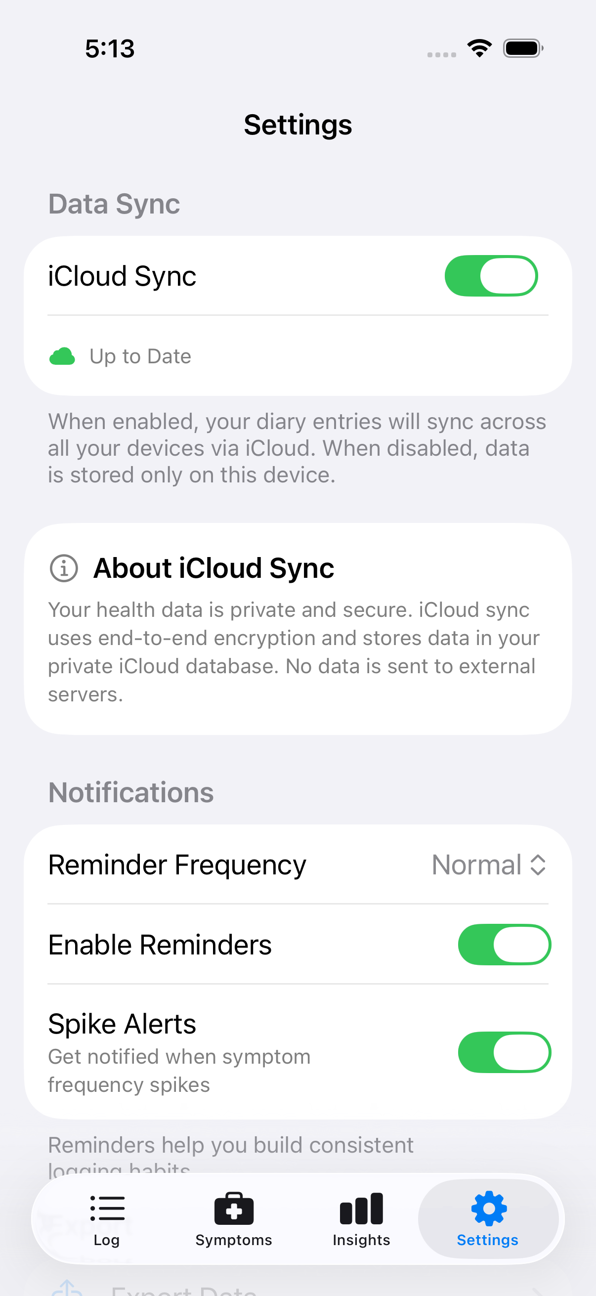 Settings showing iCloud Sync enabled
