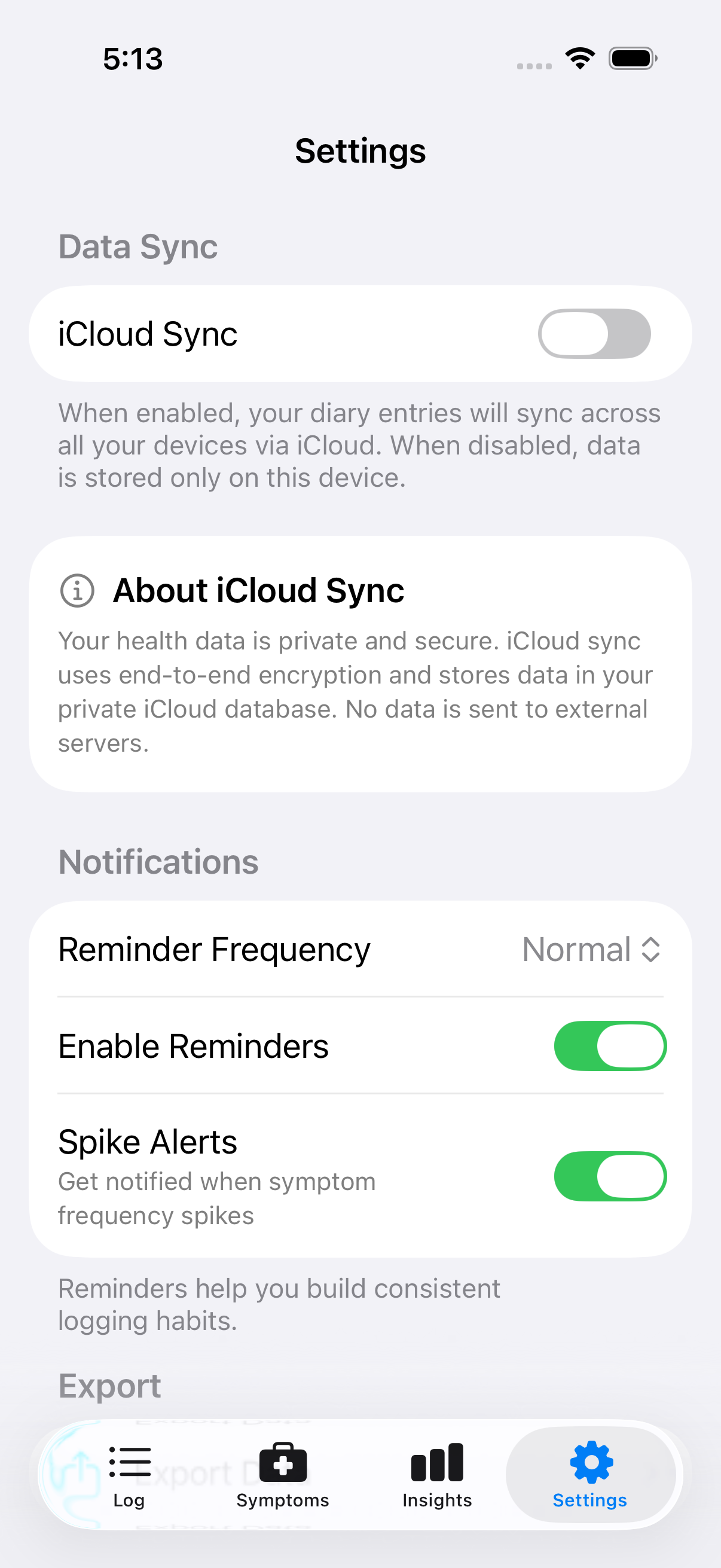 Main settings screen