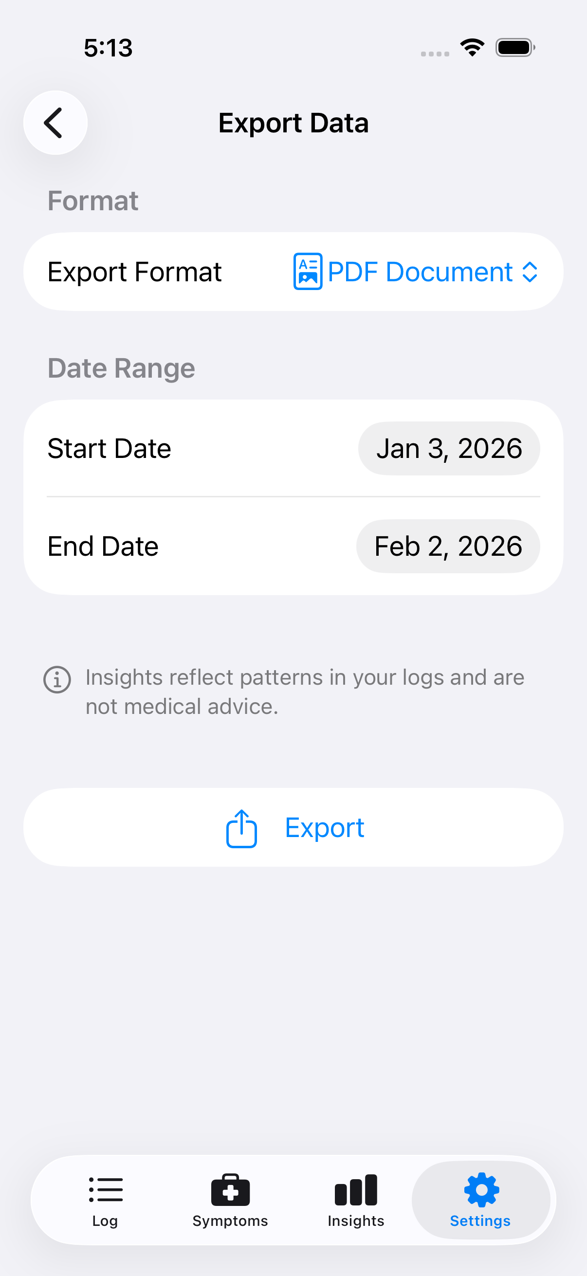 Export screen showing options