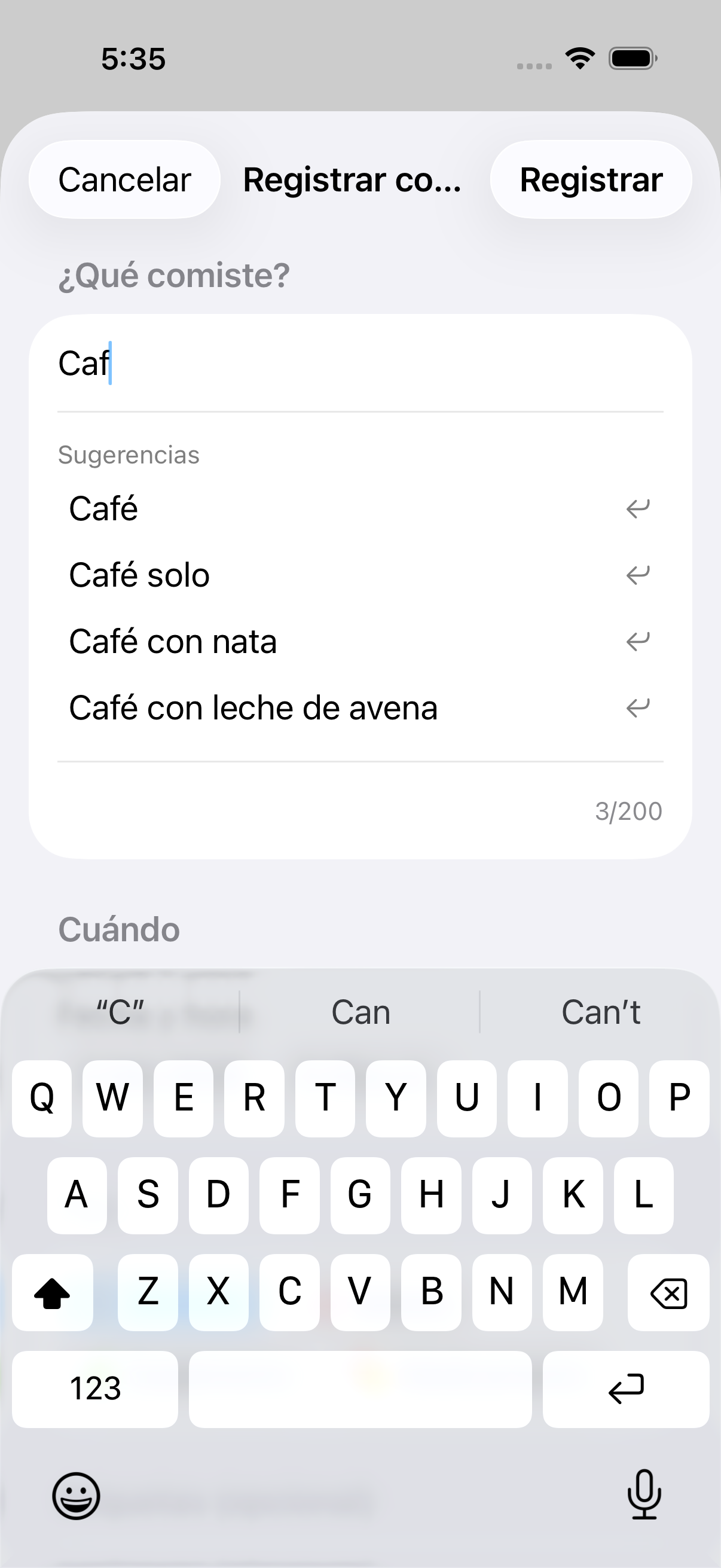 Menú desplegable de autocompletado mostrando registros anteriores