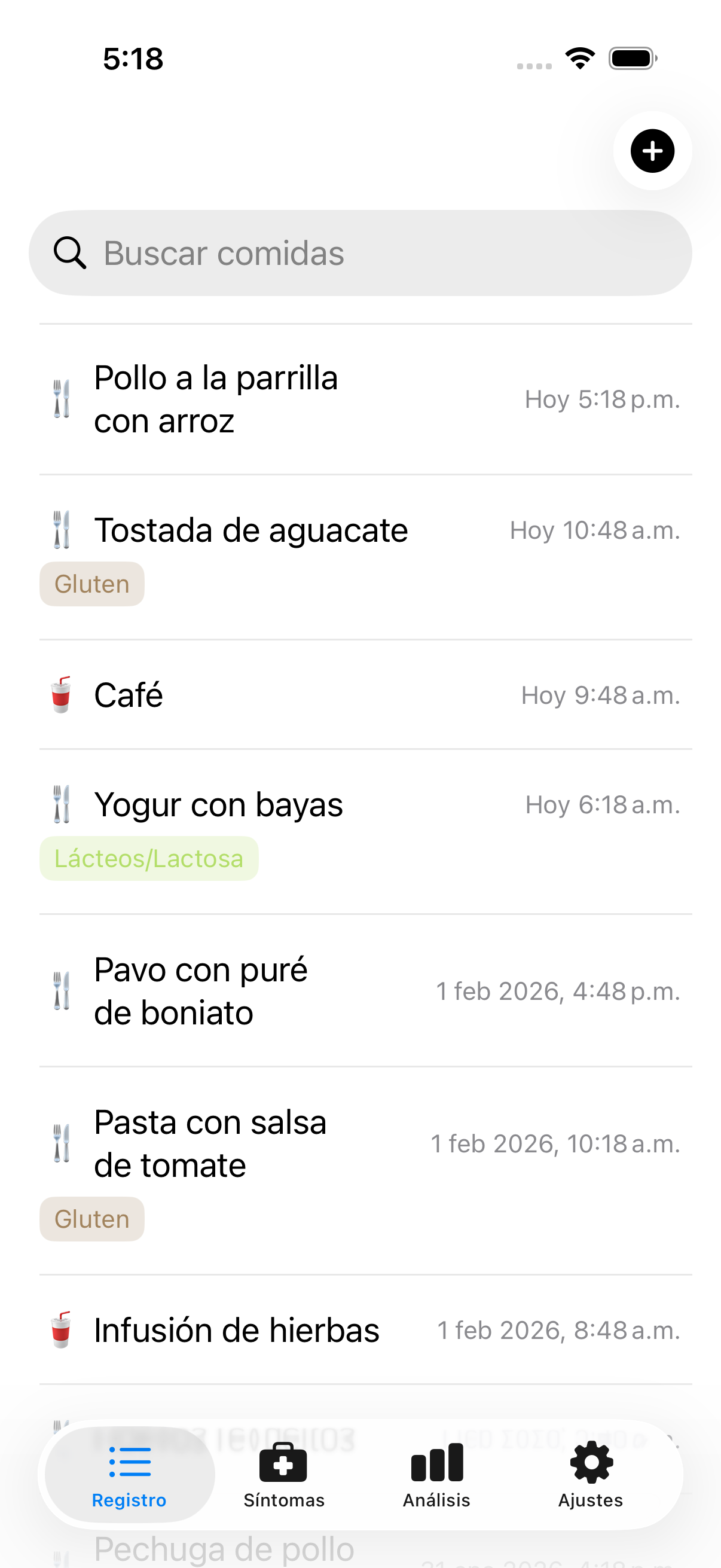 Registro de comidas mostrando múltiples entradas