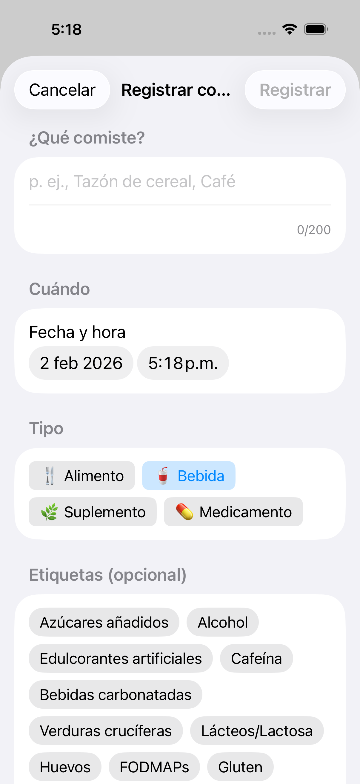 Formulario con tipo Bebida seleccionado