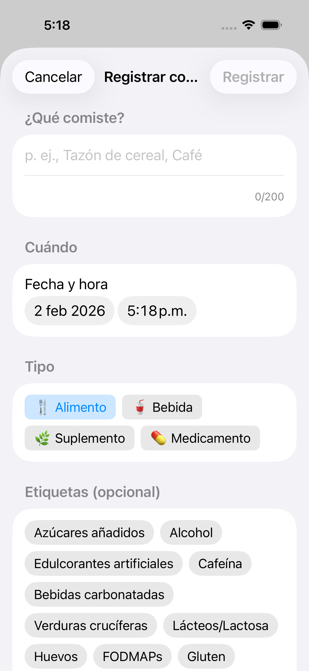Formulario de registro de comida mostrando campo de descripción y selector de tipo