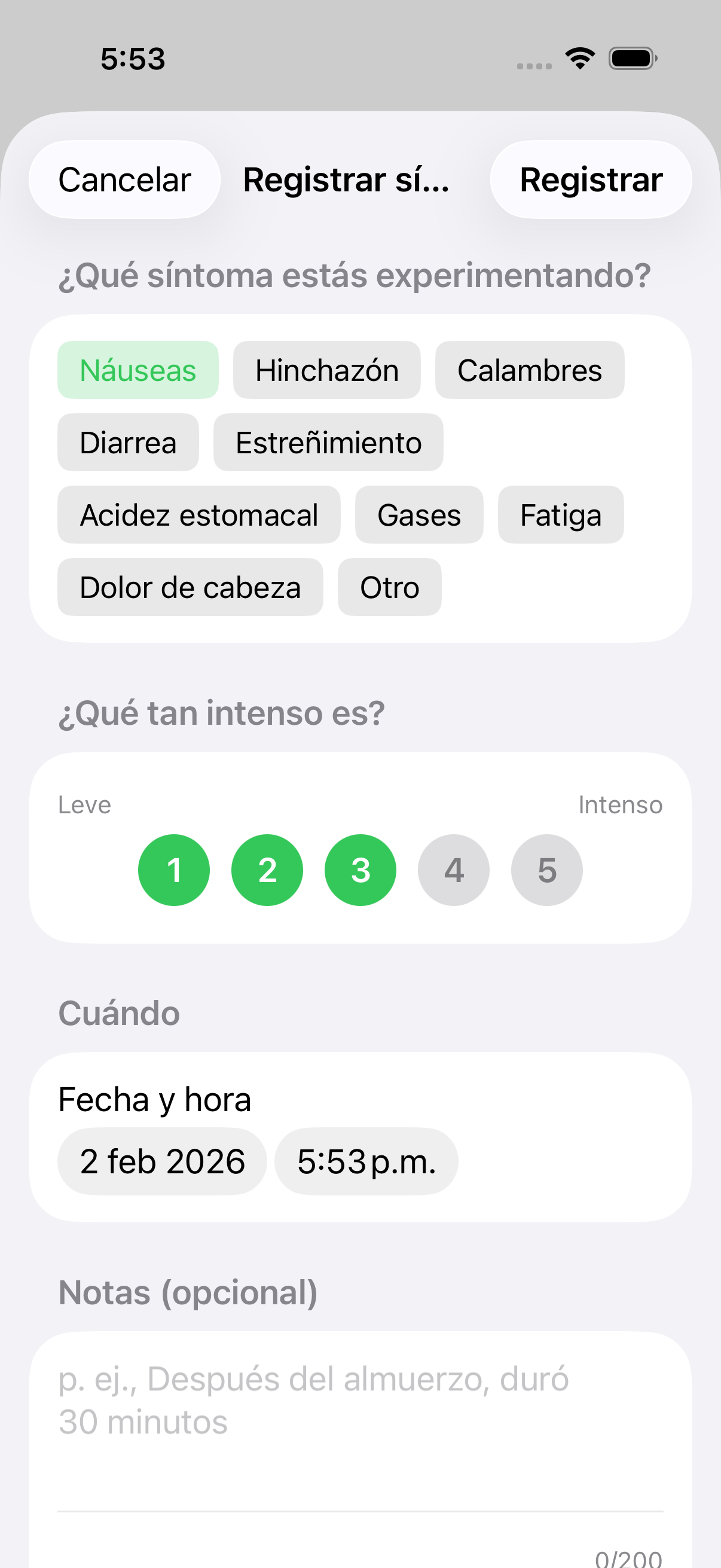 Formulario vacío de registro de síntomas