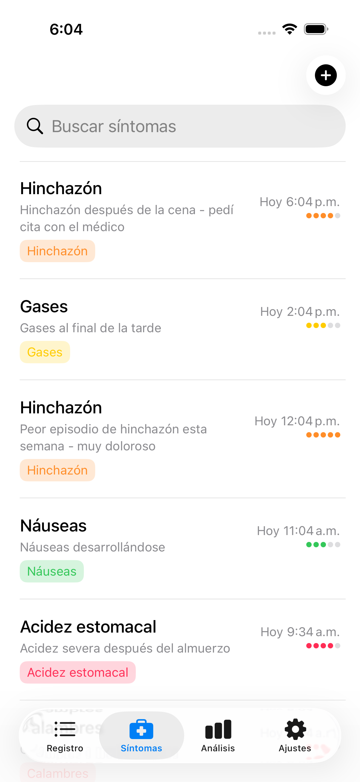 Registro de síntomas mostrando múltiples entradas