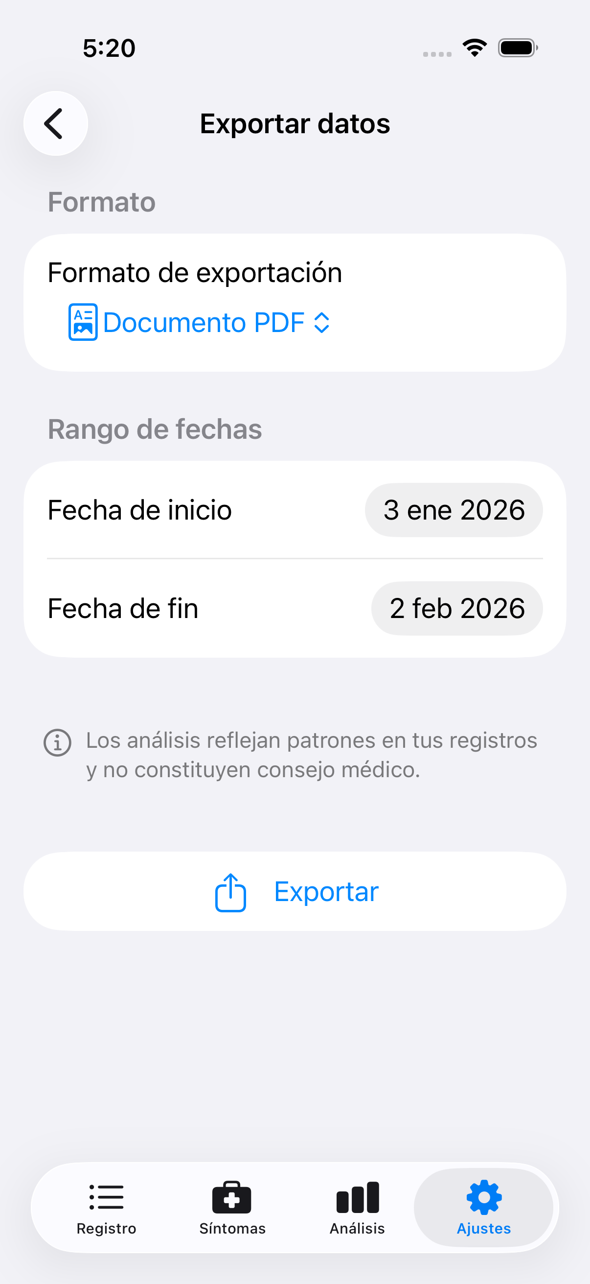 Pantalla de exportación mostrando opciones