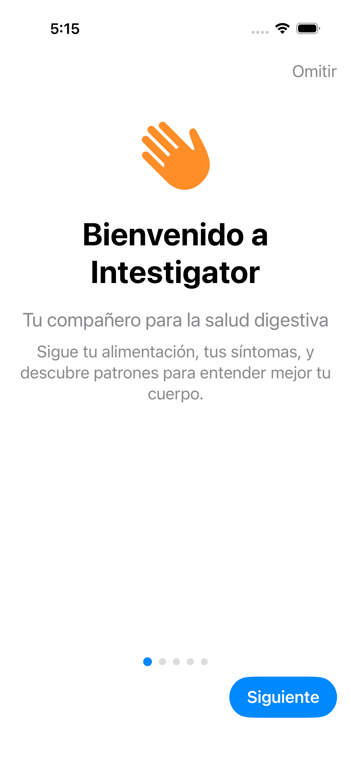 Pantalla de bienvenida mostrando la introducción de Intestigator