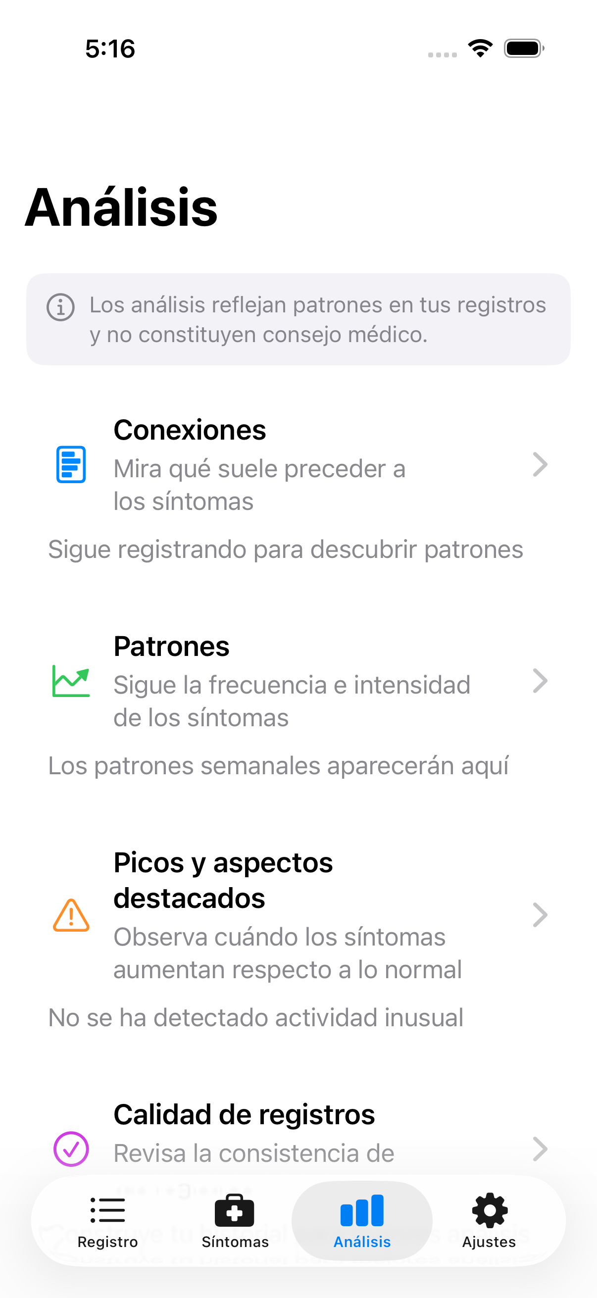 Pestaña Análisis mostrando tarjetas de navegación