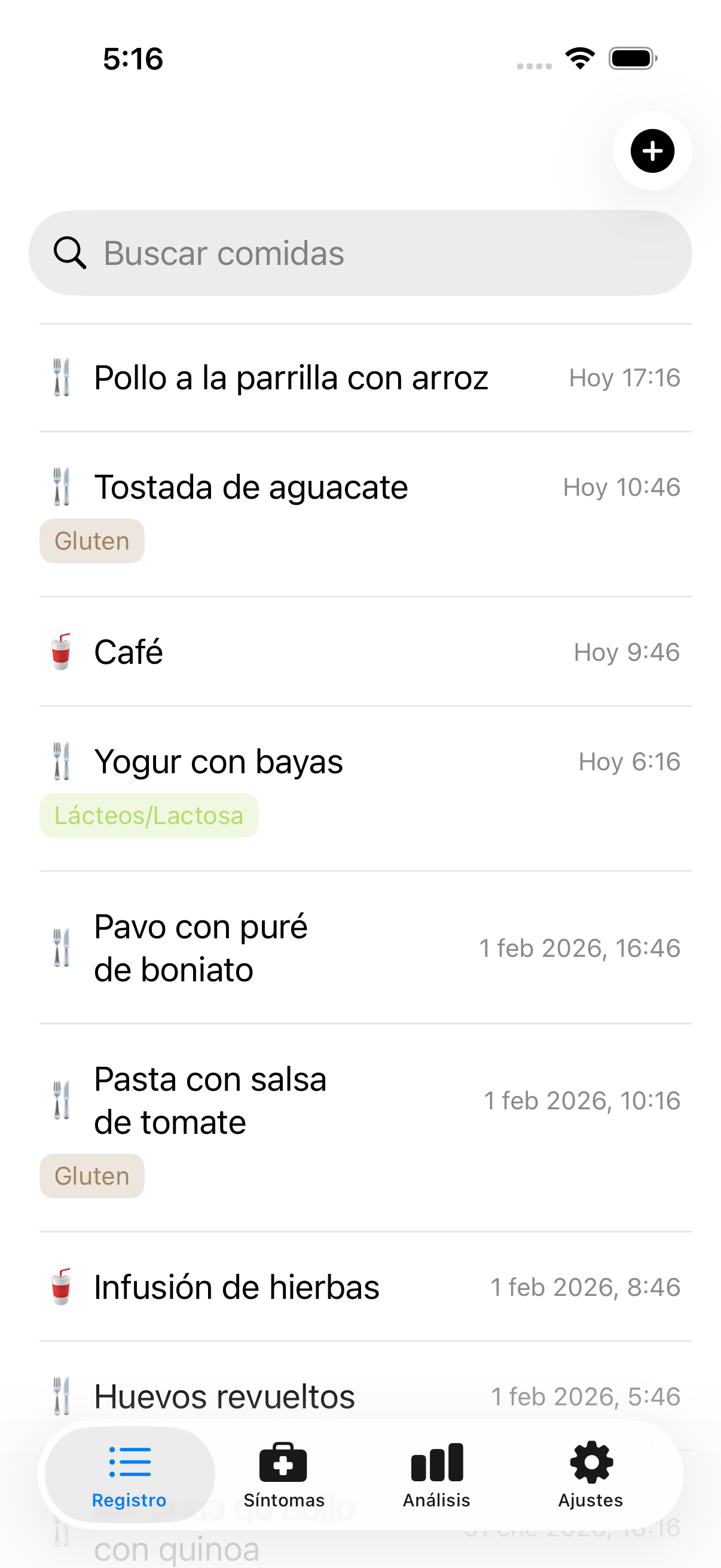 Registro de comidas mostrando múltiples entradas