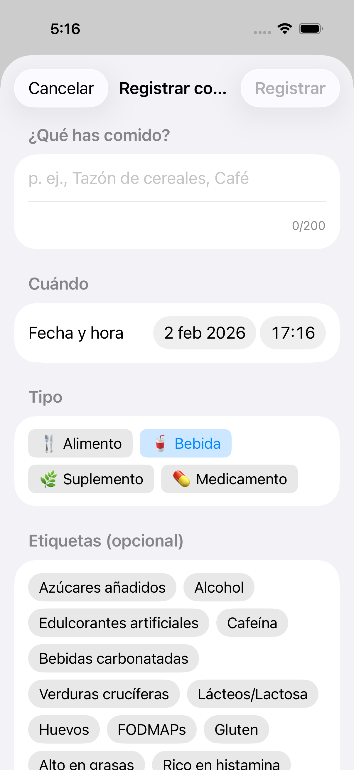 Formulario con tipo Bebida seleccionado