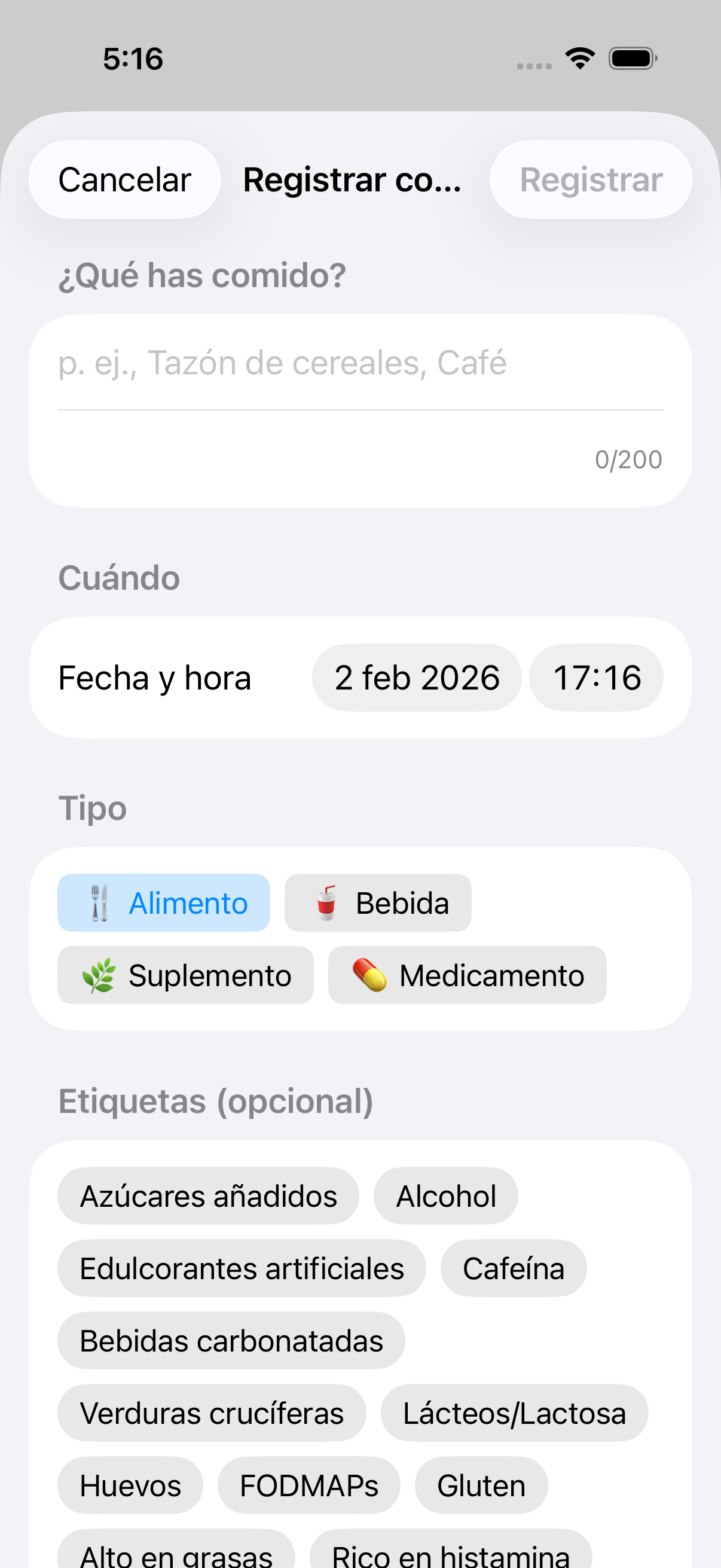 Formulario de entrada de comida mostrando el campo de descripción y selector de tipo