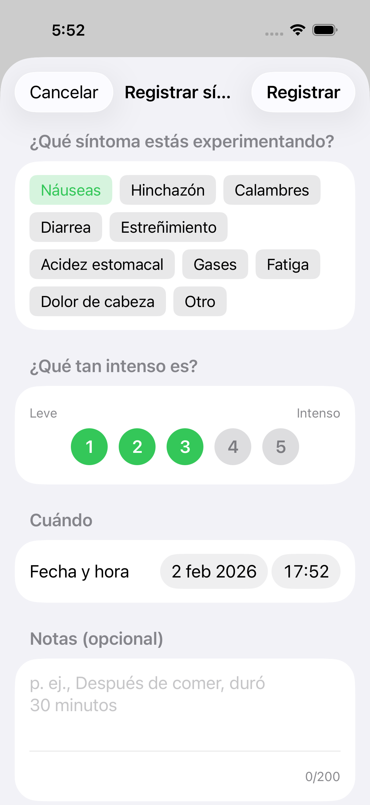 Formulario de entrada de síntomas vacío