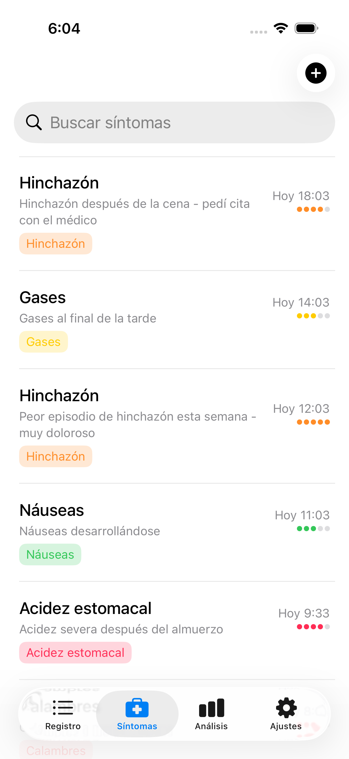 Registro de síntomas mostrando múltiples entradas