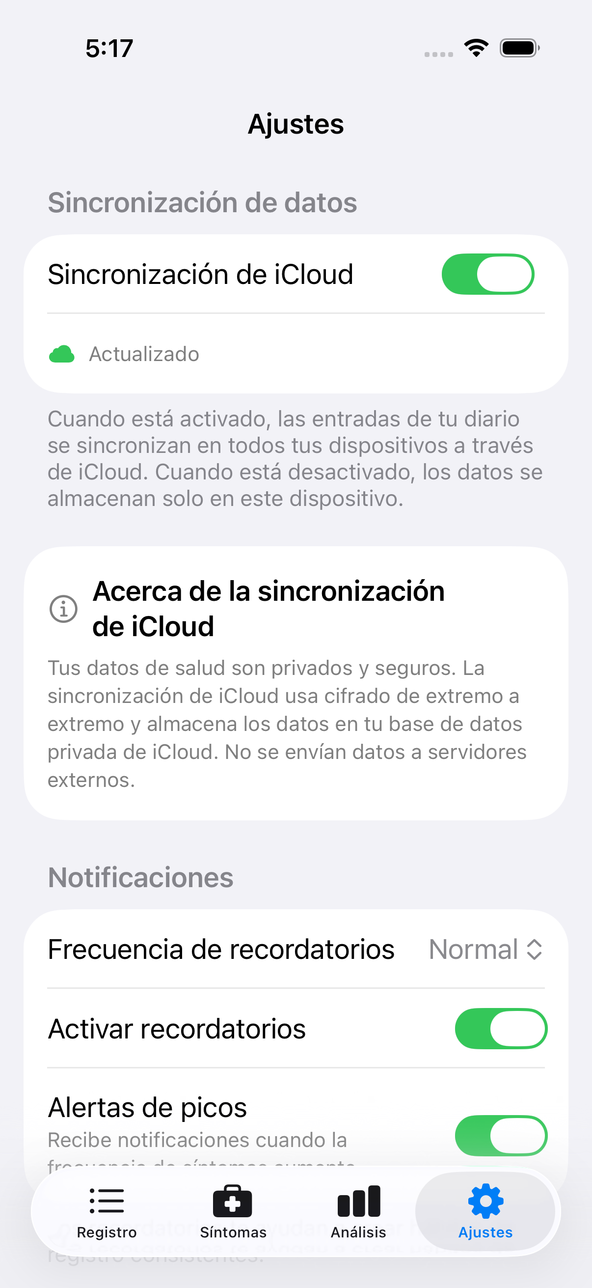 Pantalla principal de ajustes