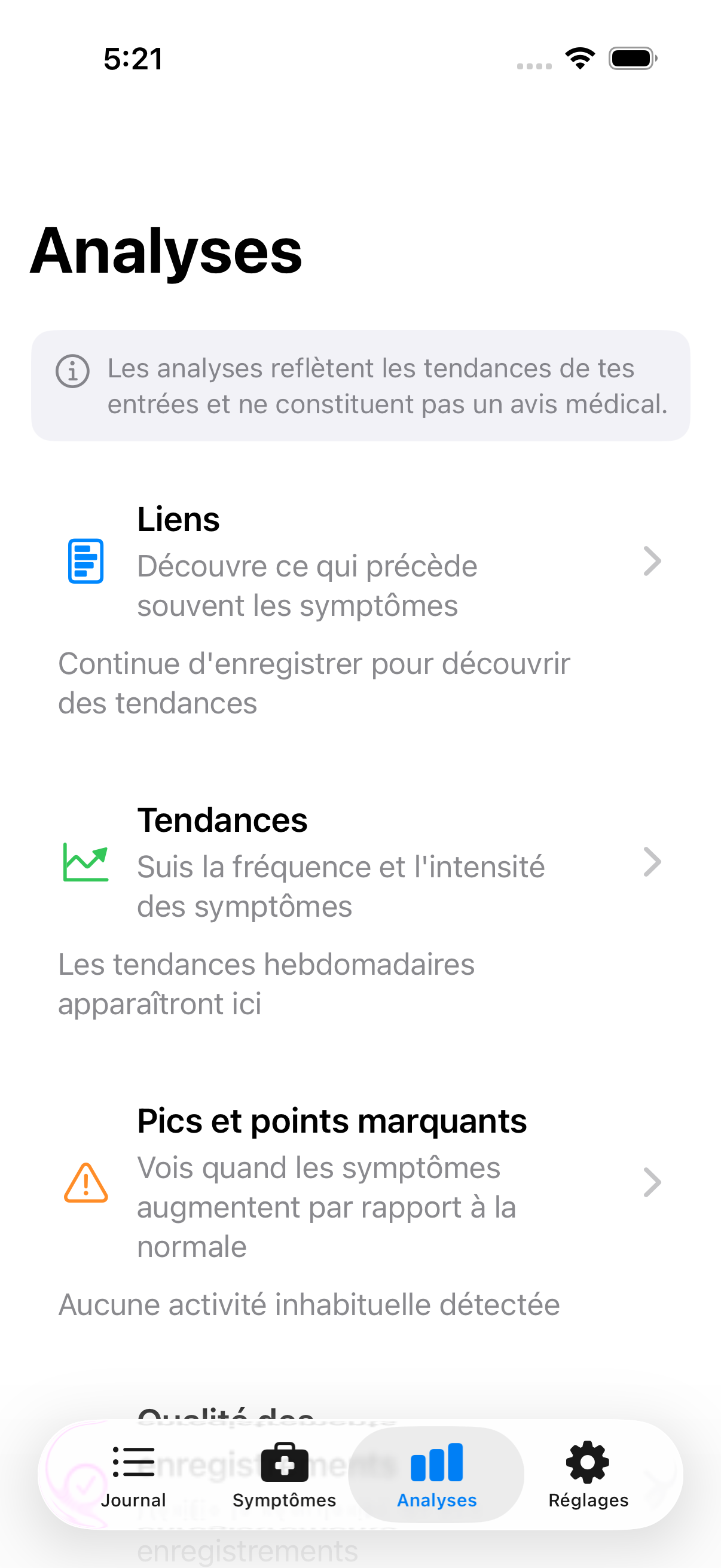 Onglet Analyses affichant les cartes de navigation