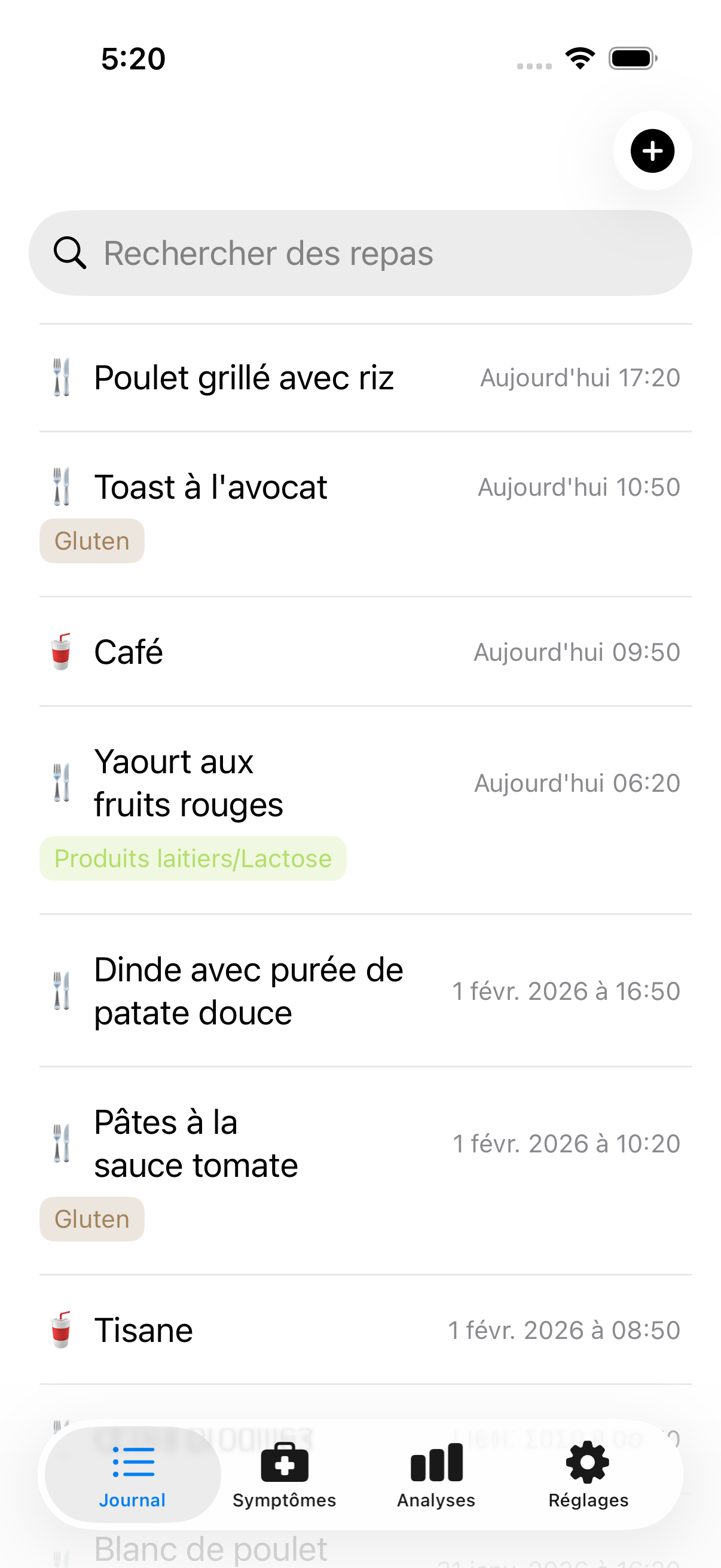 Journal alimentaire affichant plusieurs entrées