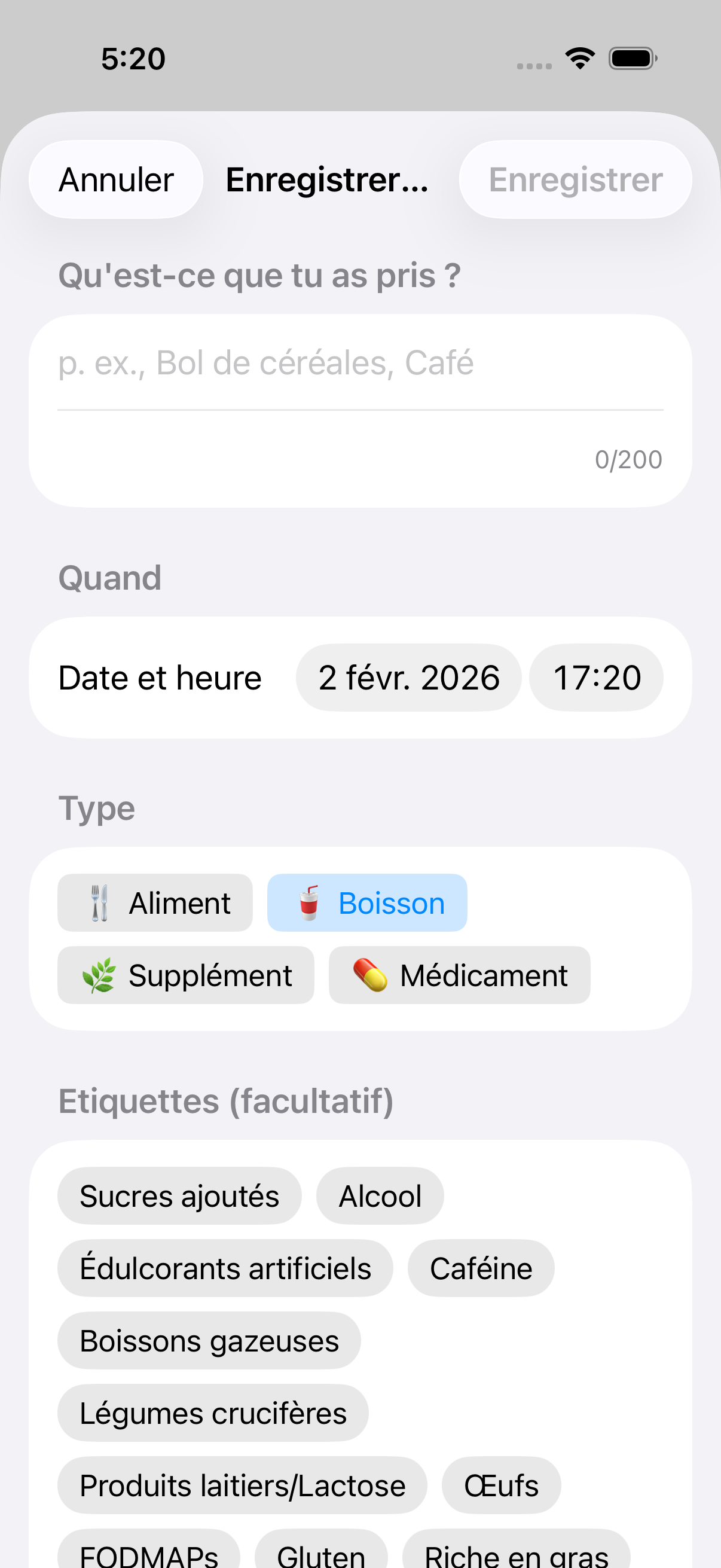 Formulaire avec le type Boisson sélectionné