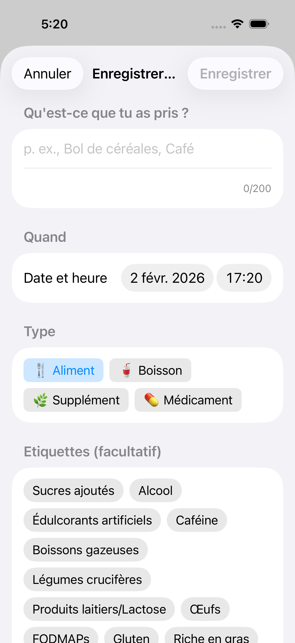 Formulaire d'entrée de repas montrant le champ de description et le sélecteur de type