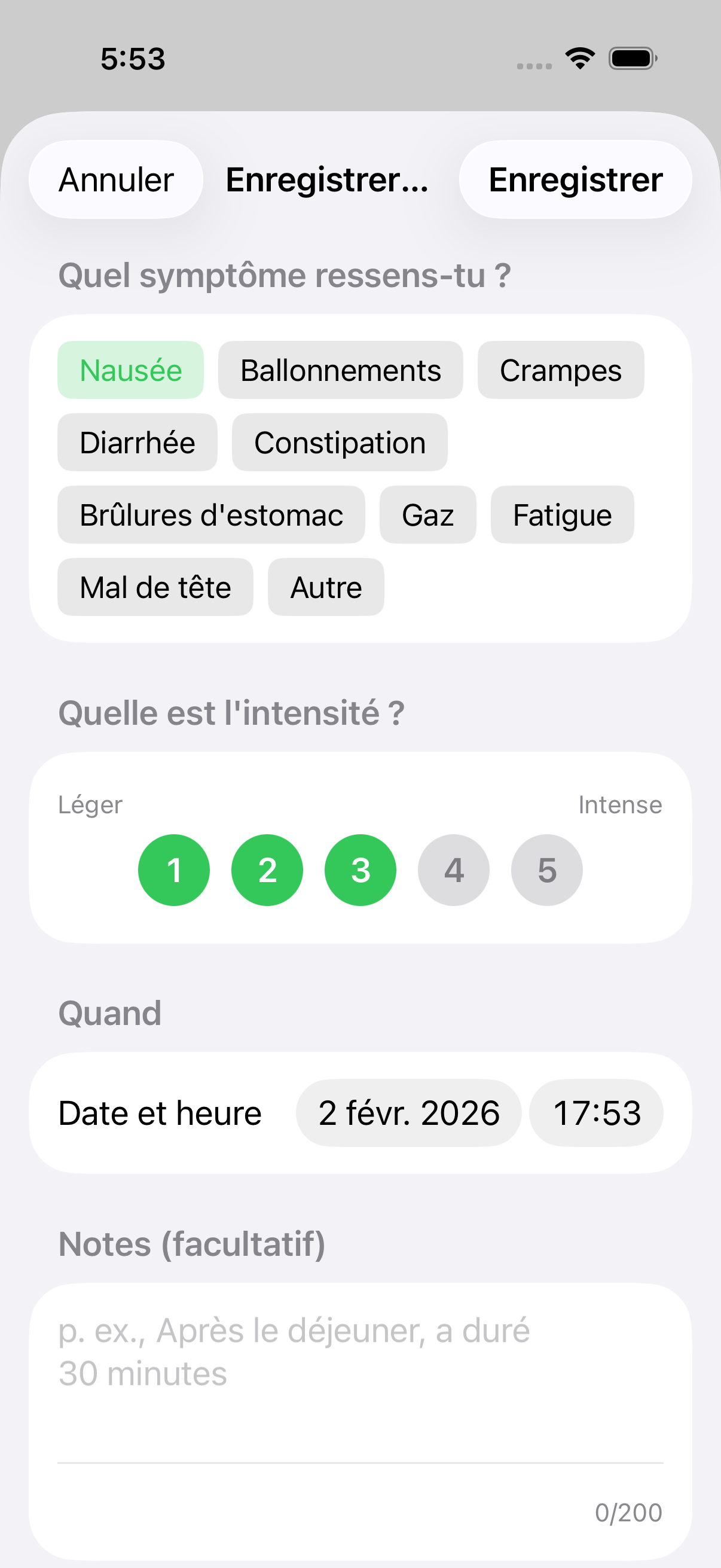 Formulaire d'entrée de symptôme vide