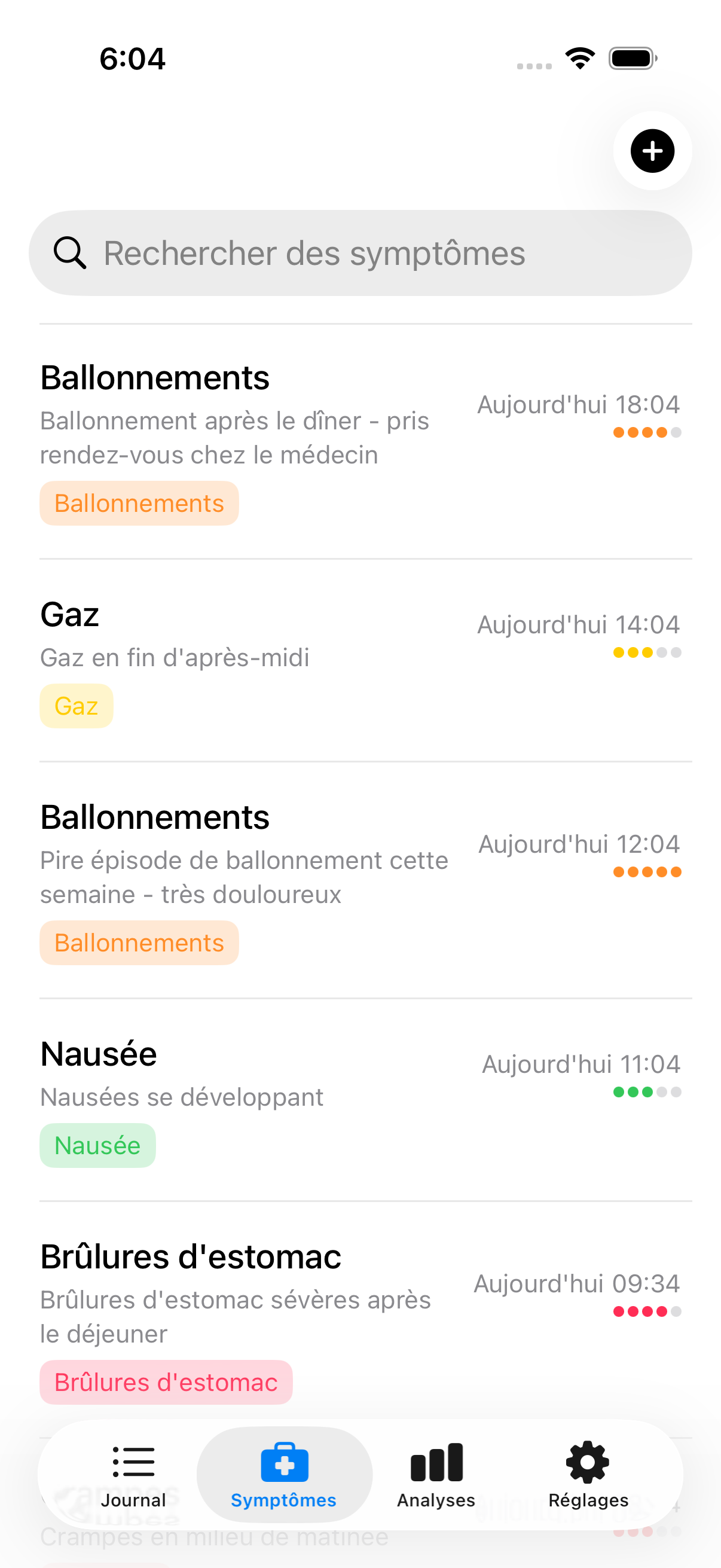 Journal des symptômes affichant plusieurs entrées