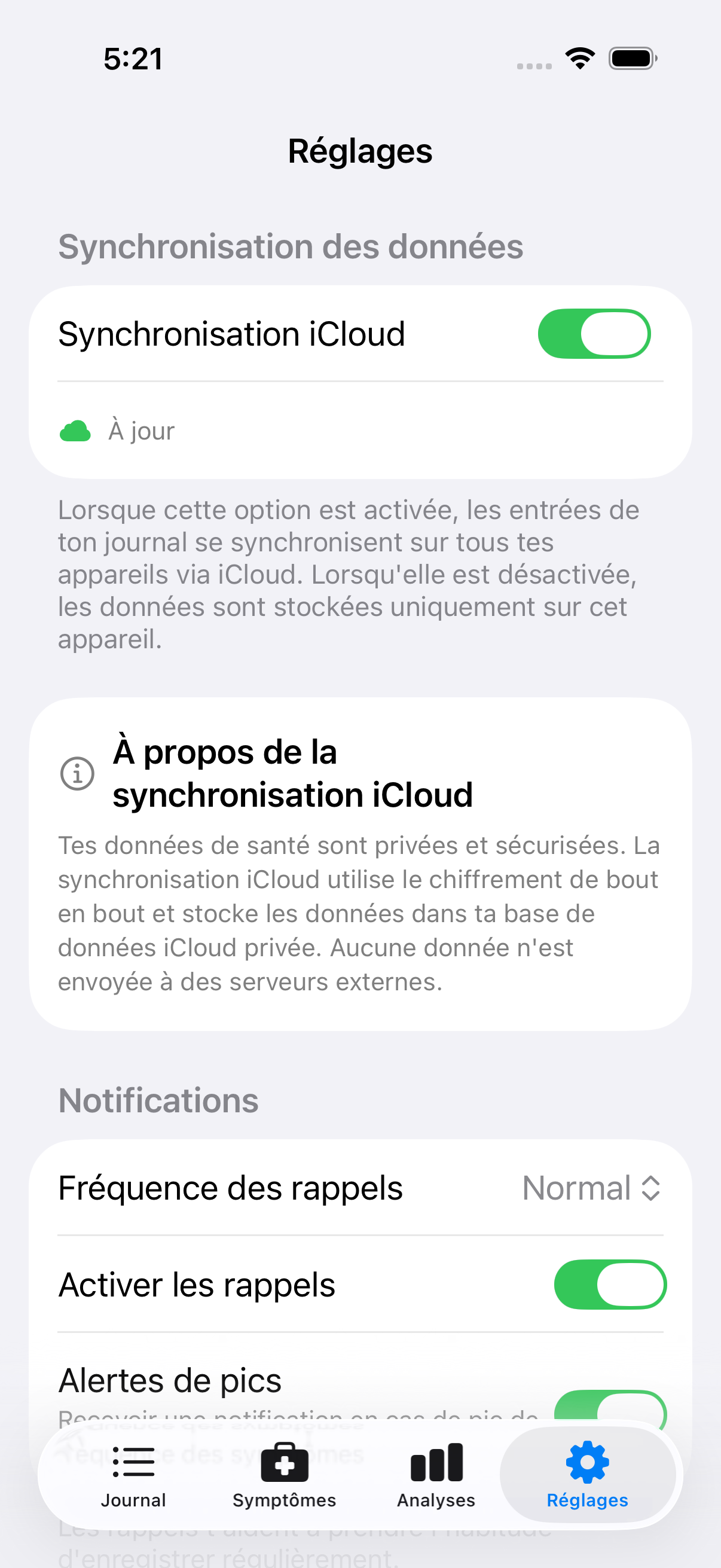Écran principal des réglages