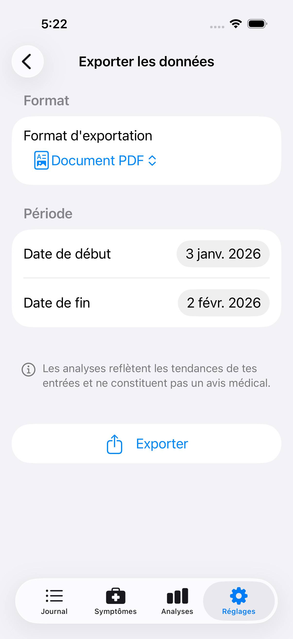 Écran d'export affichant les options