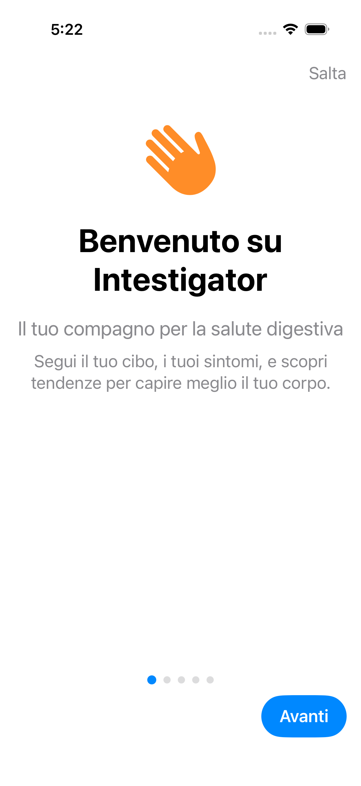 Schermata di benvenuto che mostra l'introduzione di Intestigator