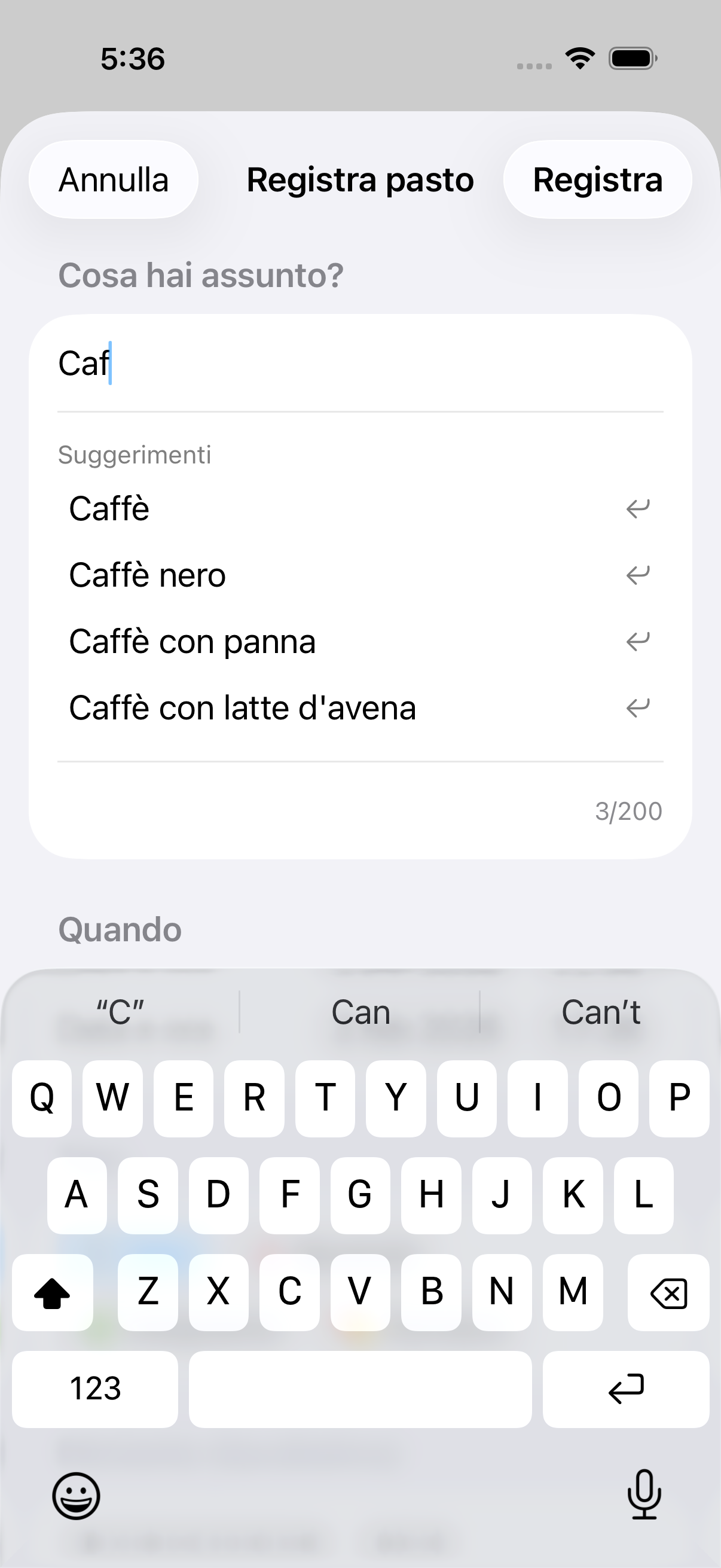 Menu a discesa del completamento automatico che mostra le voci precedenti