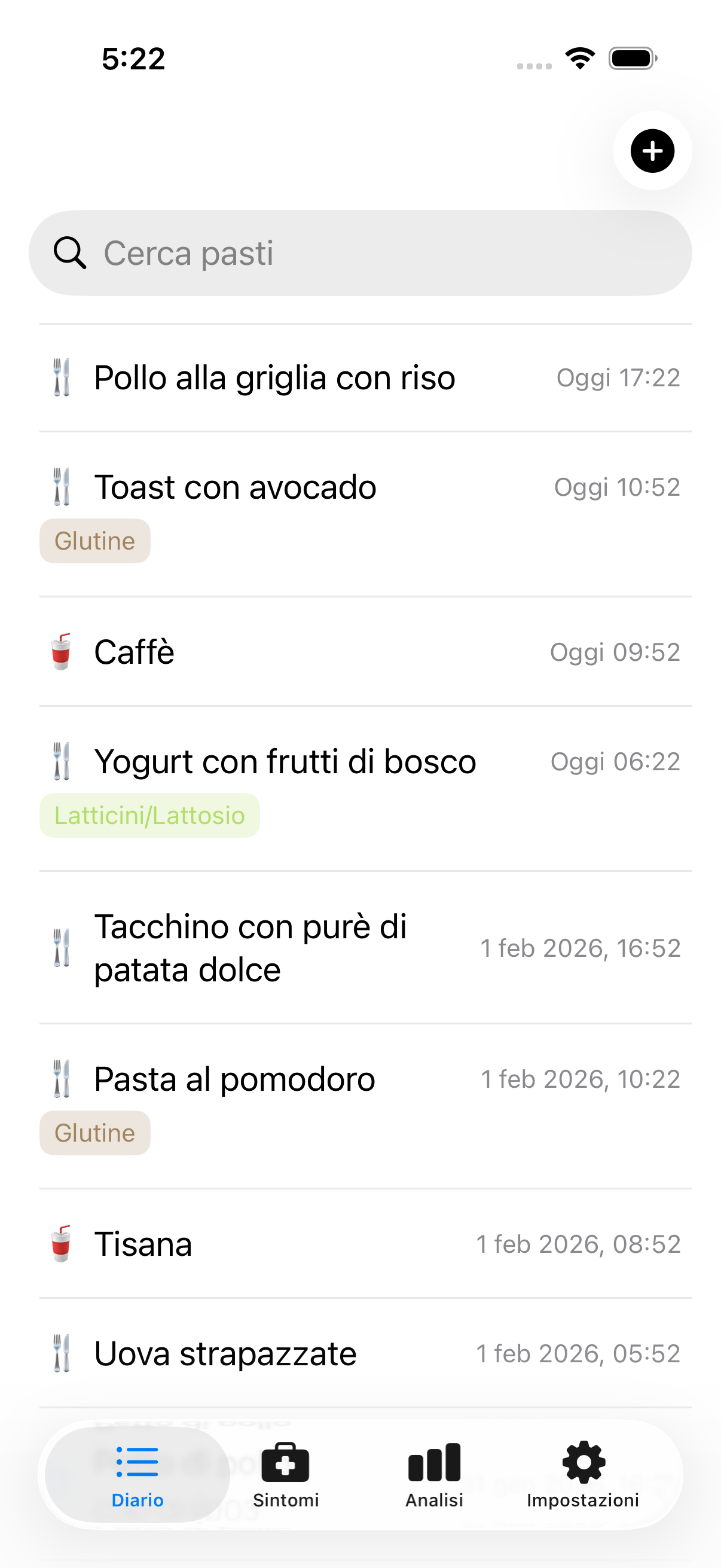 Diario alimentare che mostra voci multiple