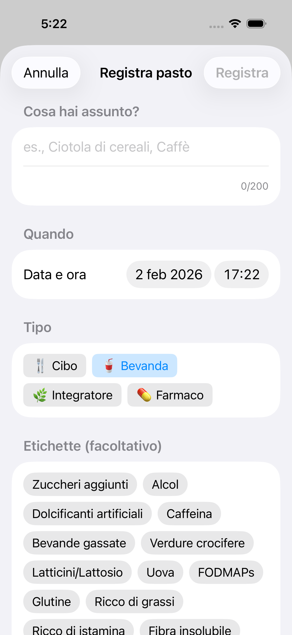Modulo con tipo Bevanda selezionato