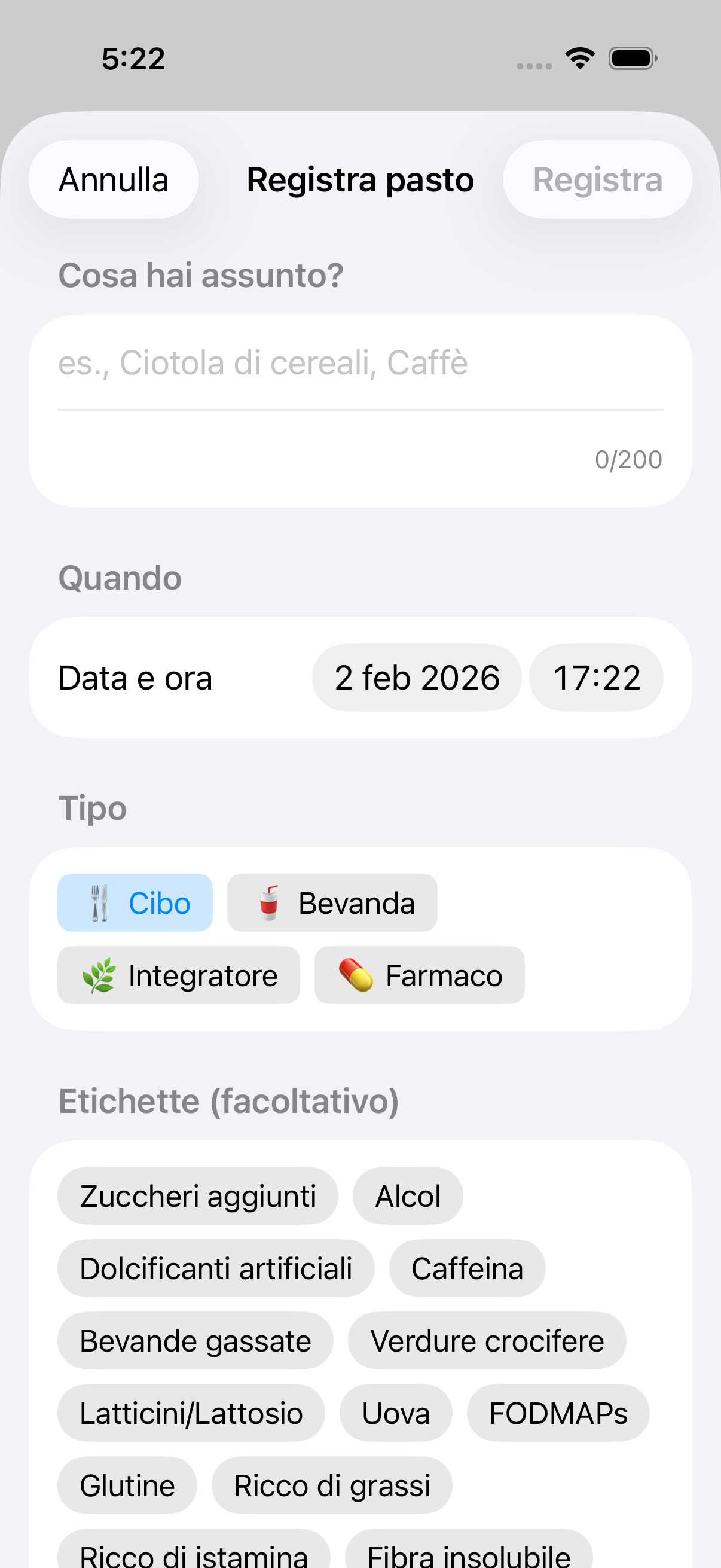 Modulo di inserimento pasto che mostra il campo descrizione e il selettore tipo