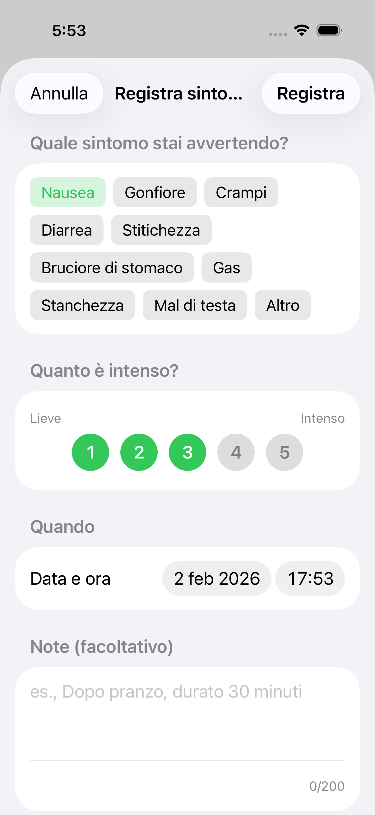 Modulo di inserimento sintomi vuoto