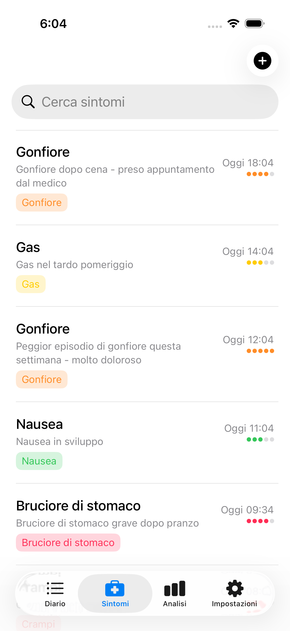 Registro sintomi che mostra voci multiple