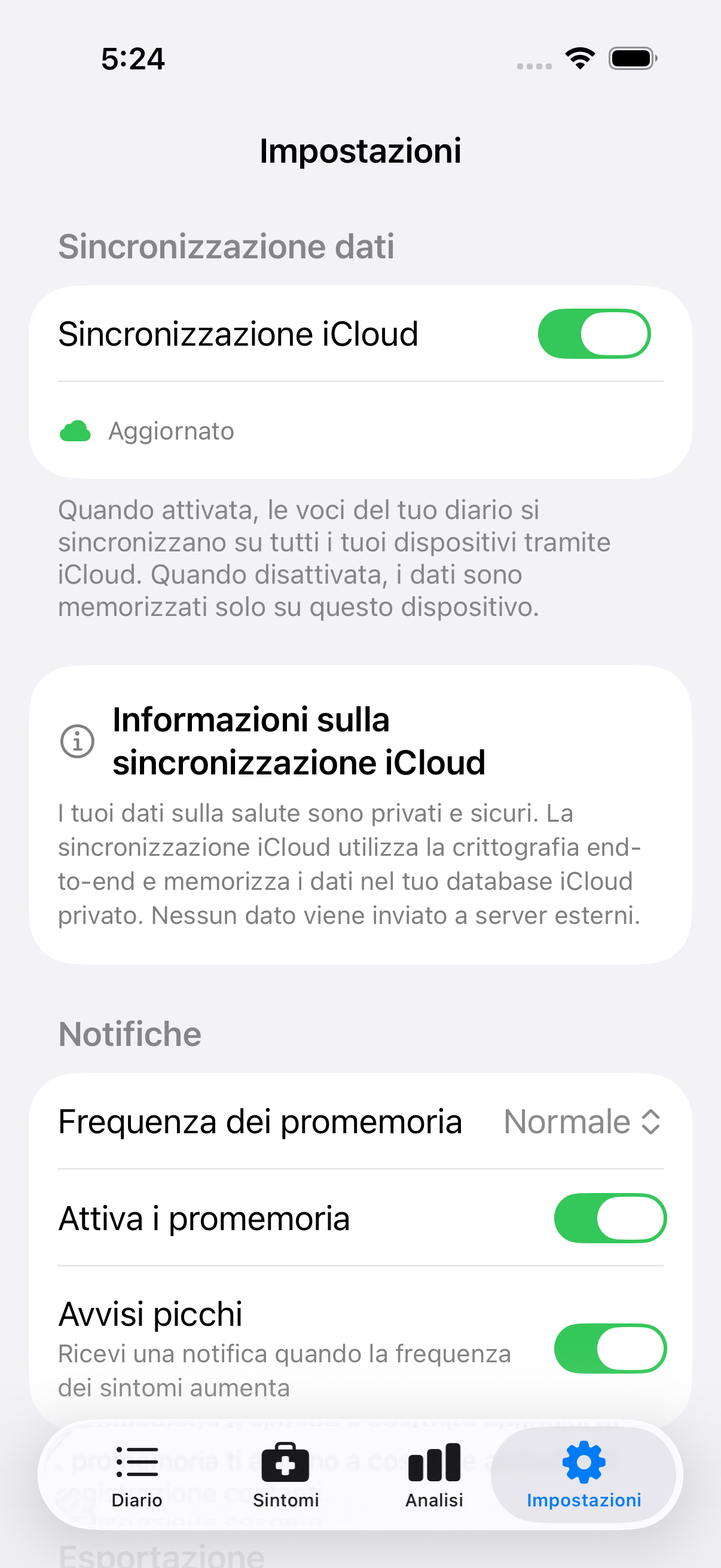 Schermata principale delle impostazioni