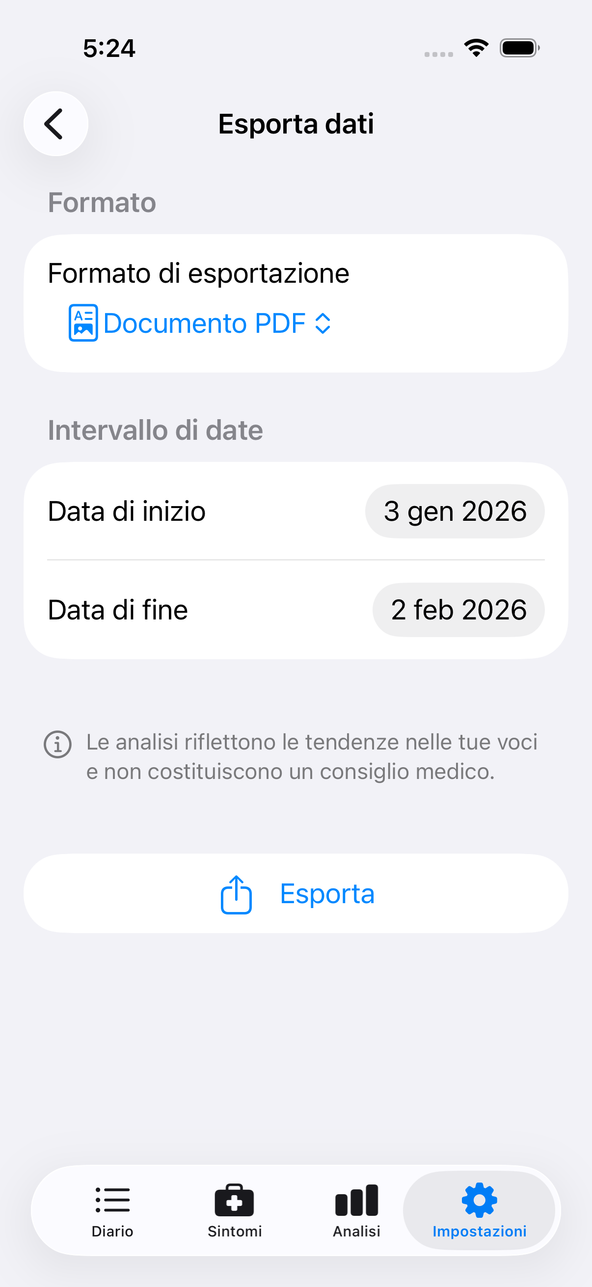 Schermata di esportazione che mostra le opzioni